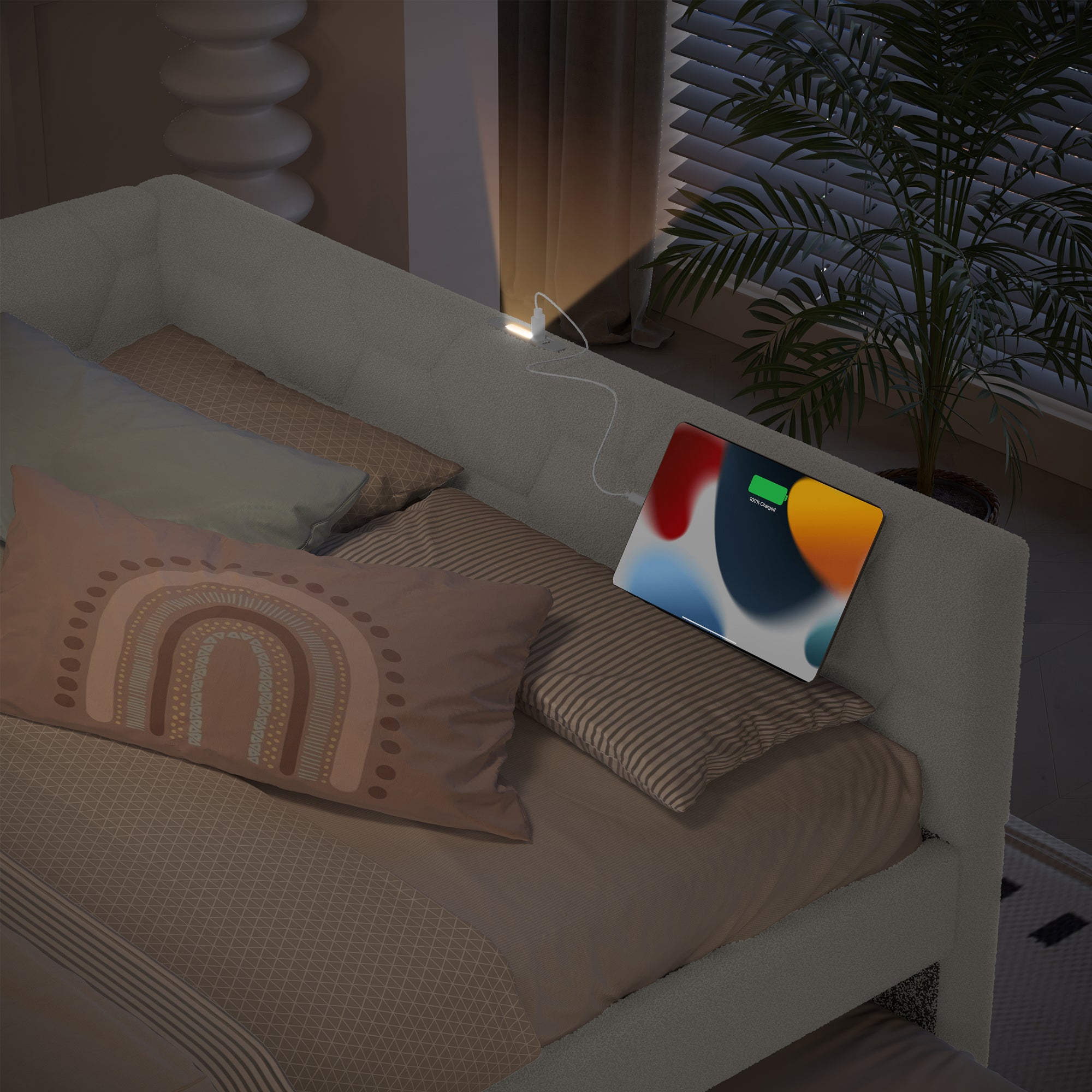 Daybed Sofa Bed 140x200cm Pull-Out Bed with Lamp & USB/Type-C Port Fleece Imitation White