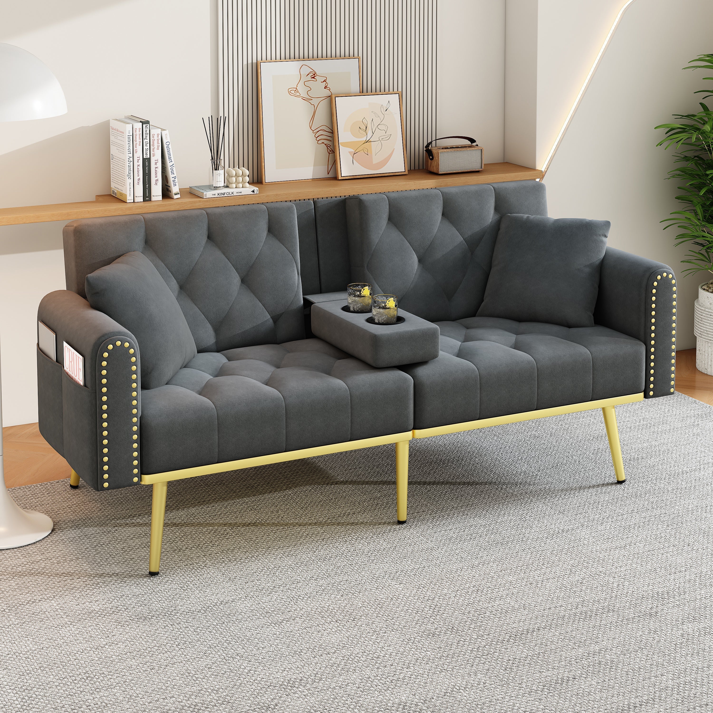 Double Fold-Out Sofa Bed Reclining 3-Position with Cup Holders Fabric Gray