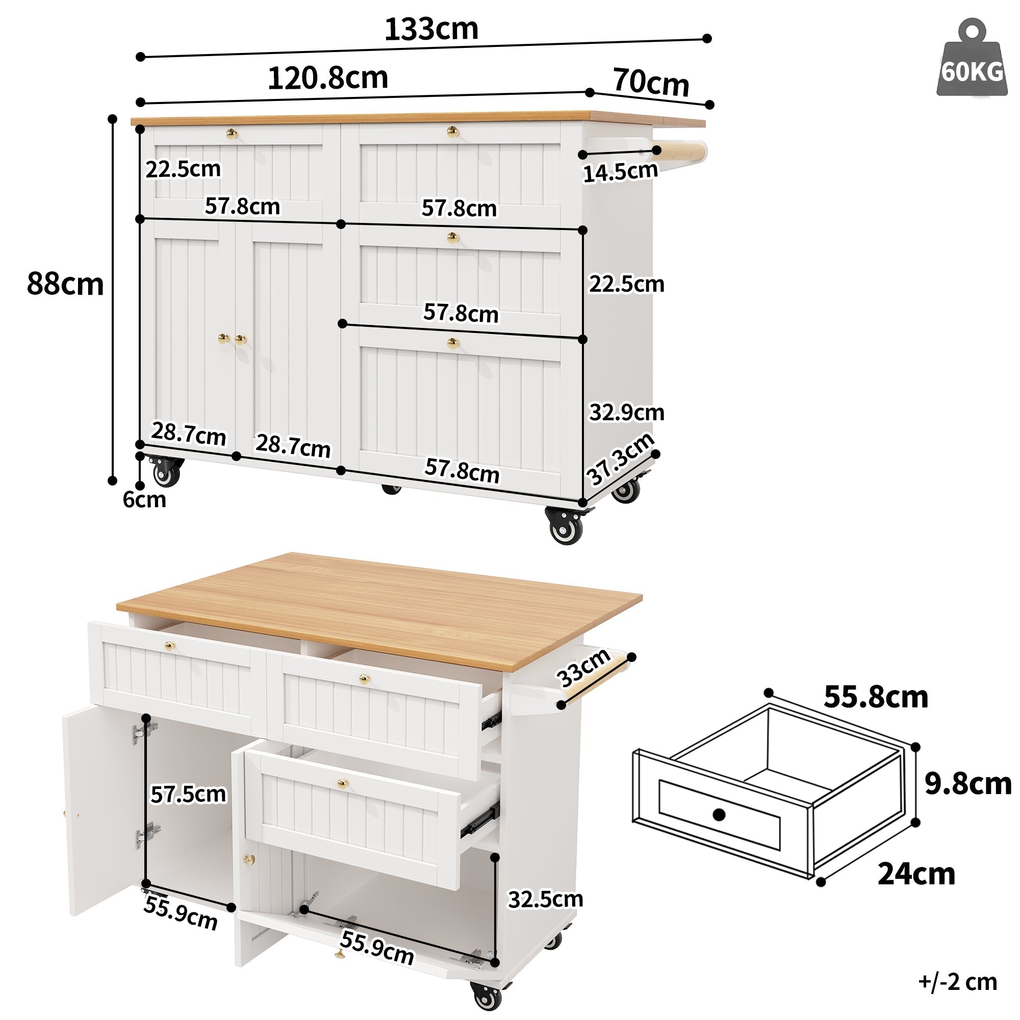 Modern Kitchen Island Extendable Dining Table Storage & Mobile - White