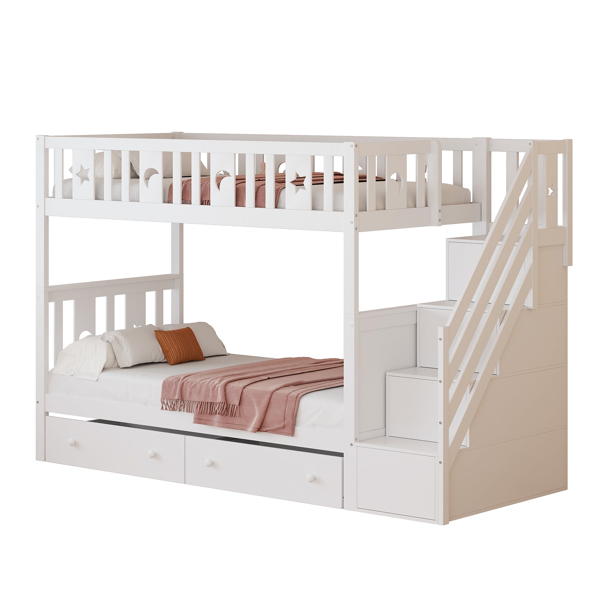 Children's Bunk Bed with Safety Stairs, Storage Drawers, Slatted Base, White Solid Wood