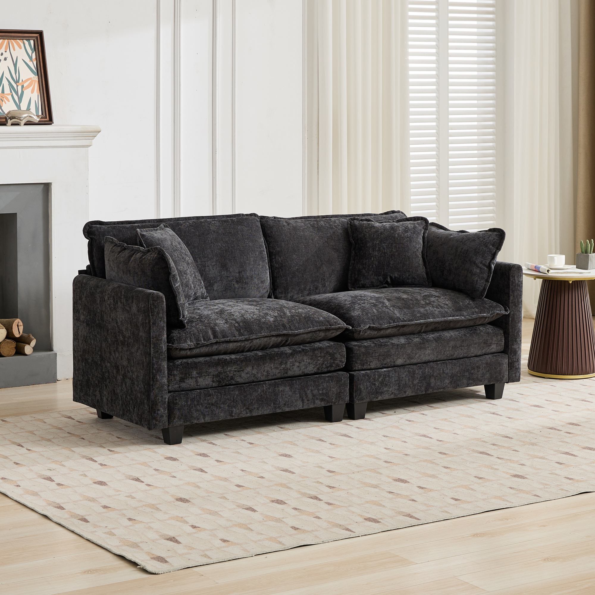 Cloud Sofa Loveseat, Modern Sectional Couch with Double Layer Cushions, Black Chenille Fabric