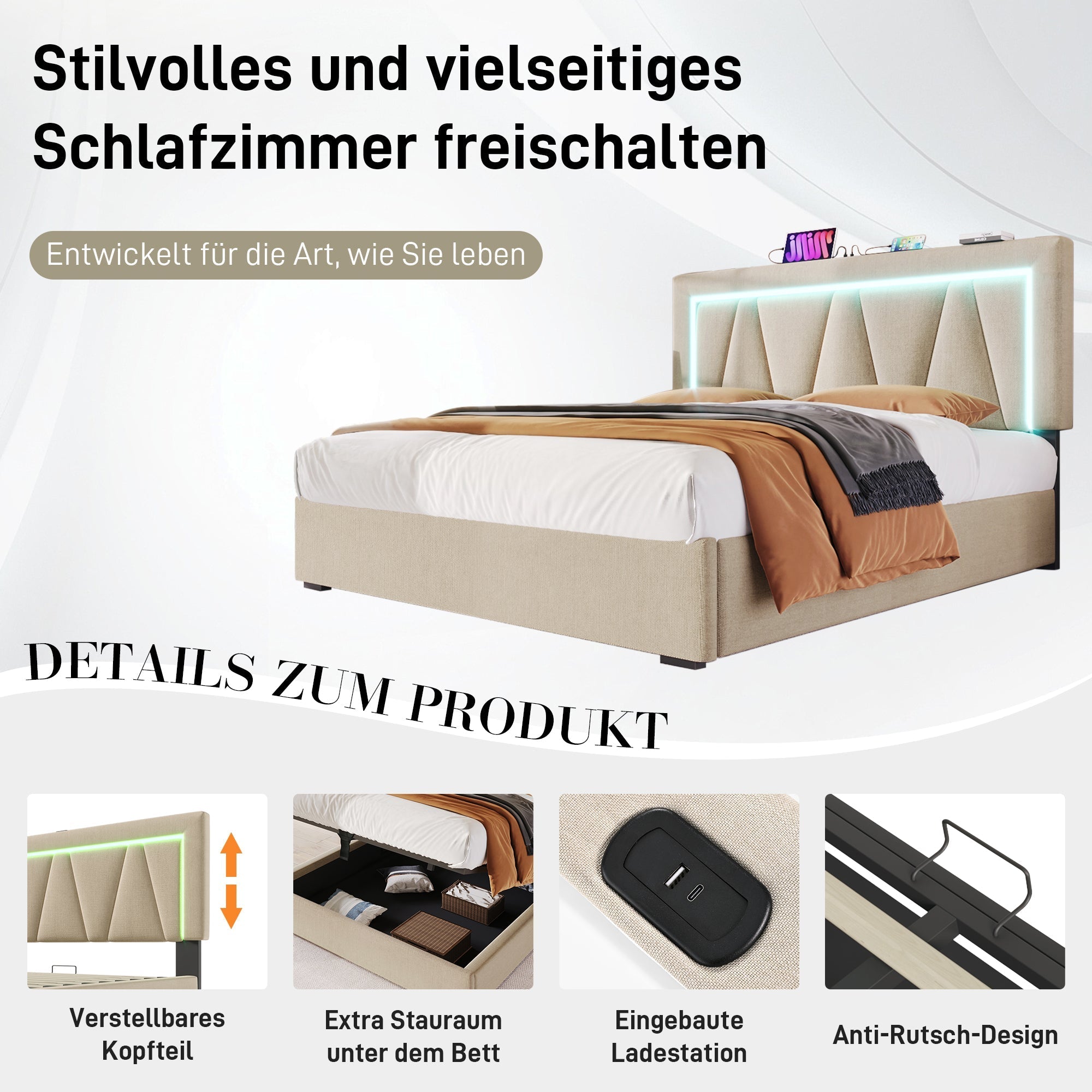 Upholstered Bed, LED Double with USB & Type C Charging, Linen