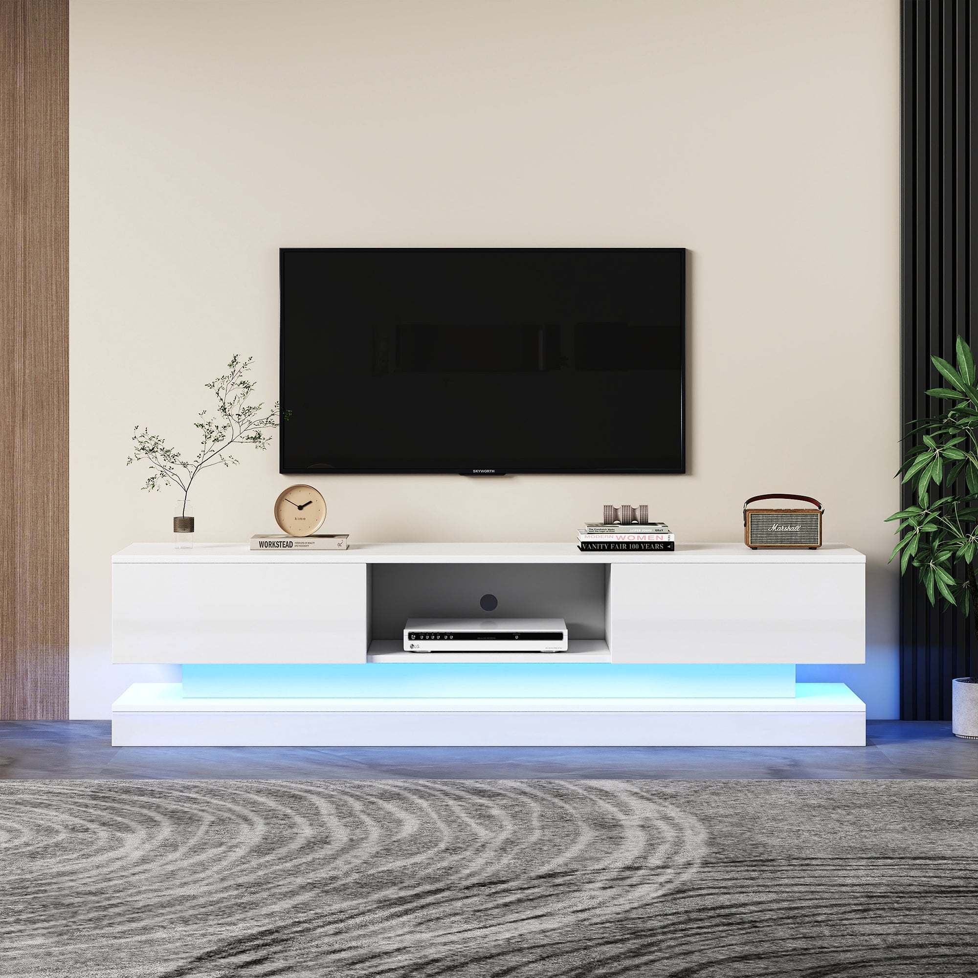 TV Cabinet with LED Lighting, 2-Drawer, Anti-Tip, for 60-inch TVs, White High-Gloss