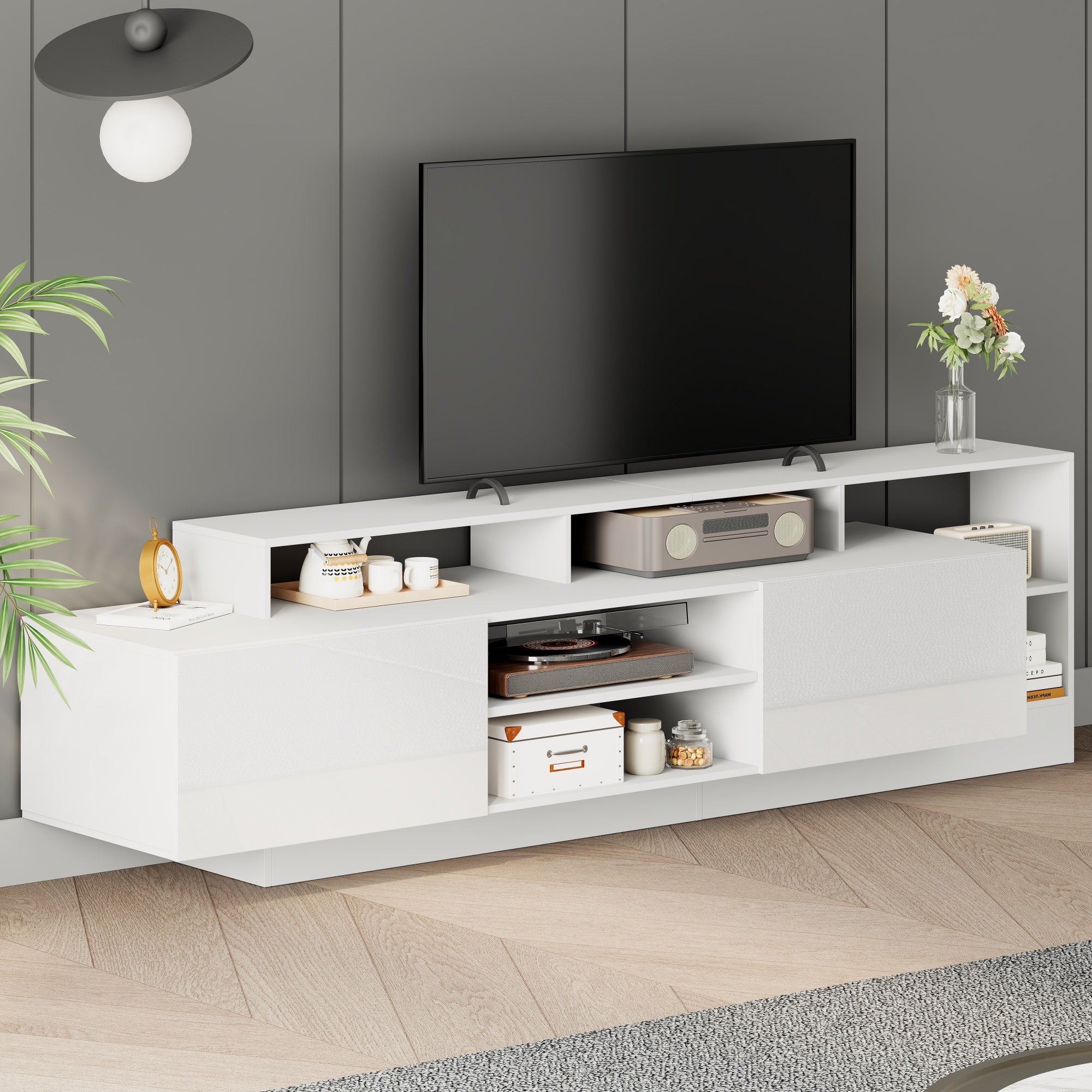 Modern TV Lowboard 190cm LED Open Storage for 70" TV - High-Gloss