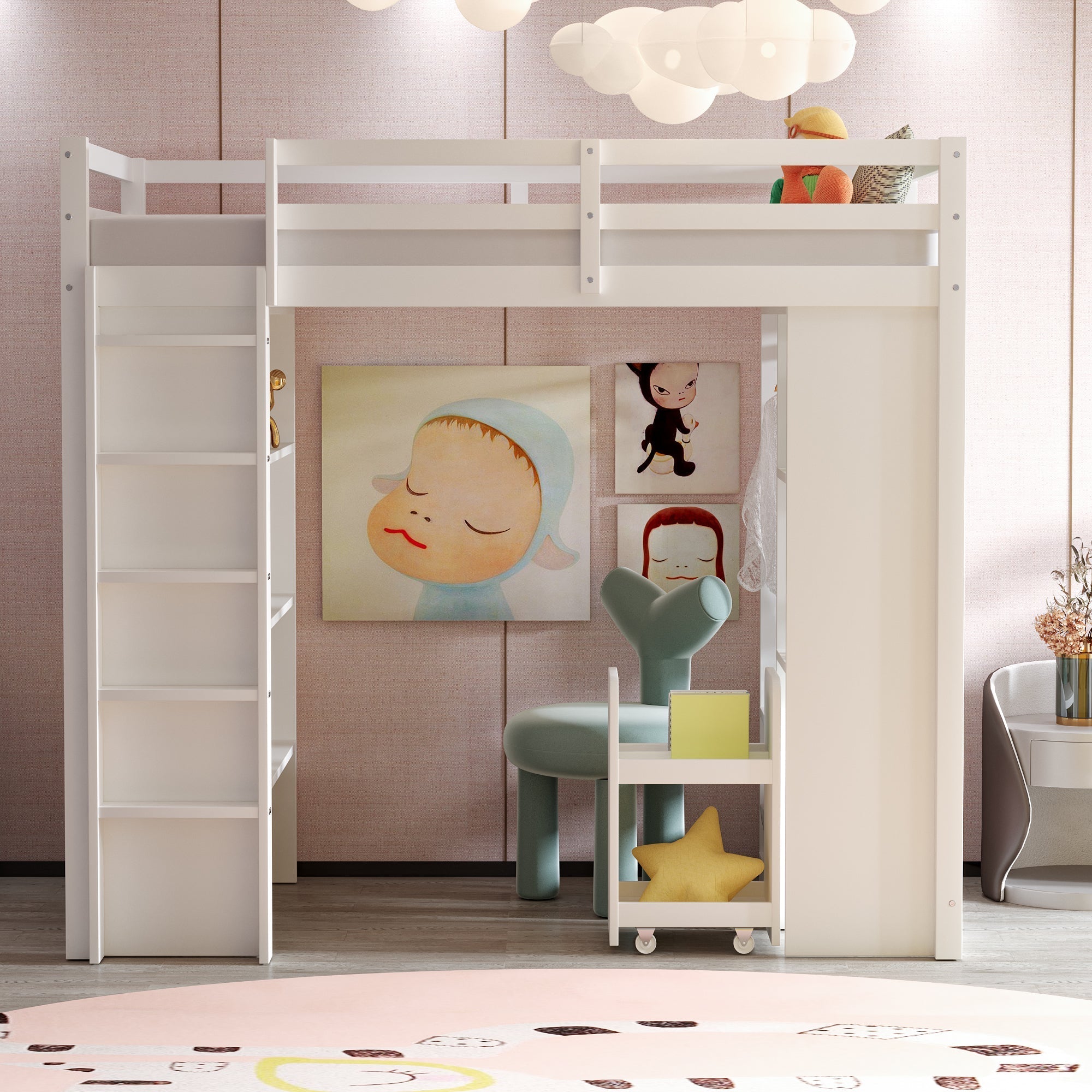 Children's Loft Bed, Multi-Level Shelves, Hangers, Storage, Removable Trolley, 90 x 200 cm, White