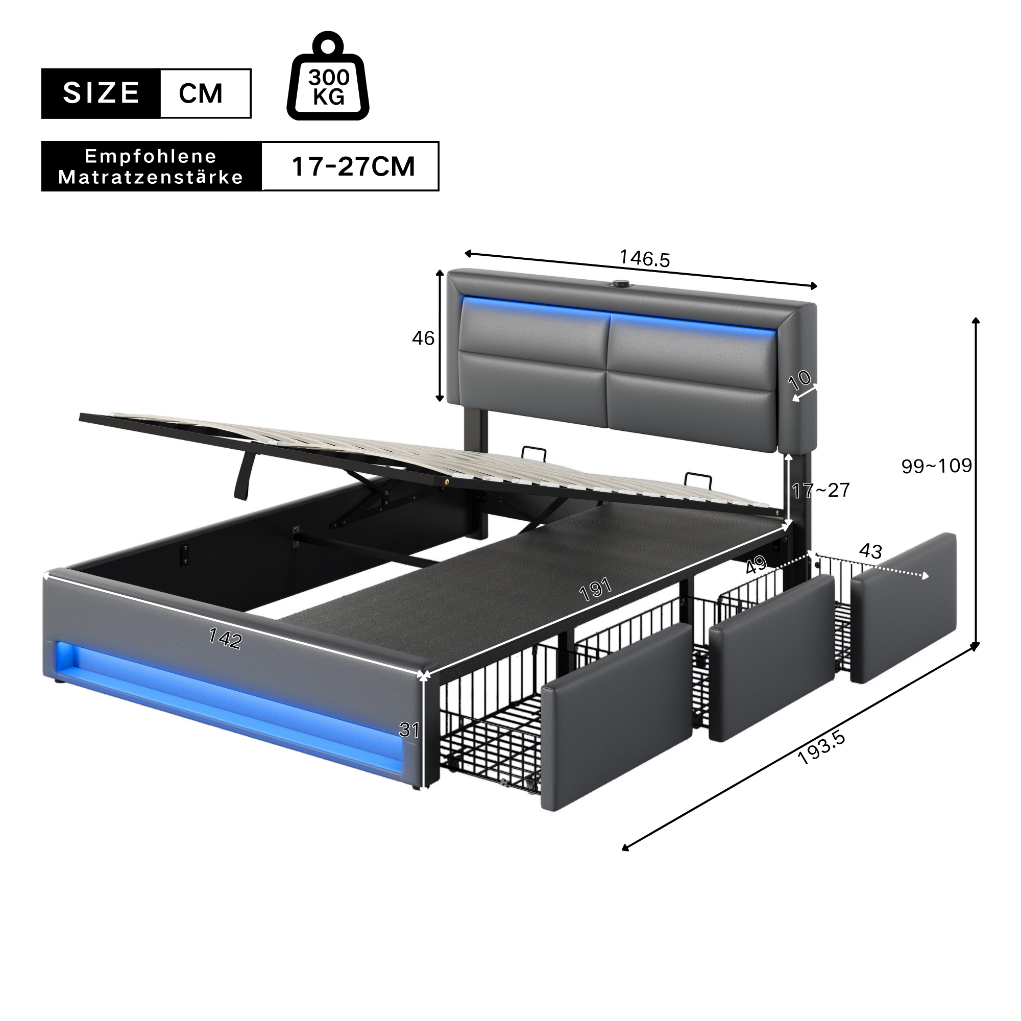 Upholstered Hydraulic Bed with USB, LED and 3 Storage Drawers, 140x190cm, Grey PU Leather