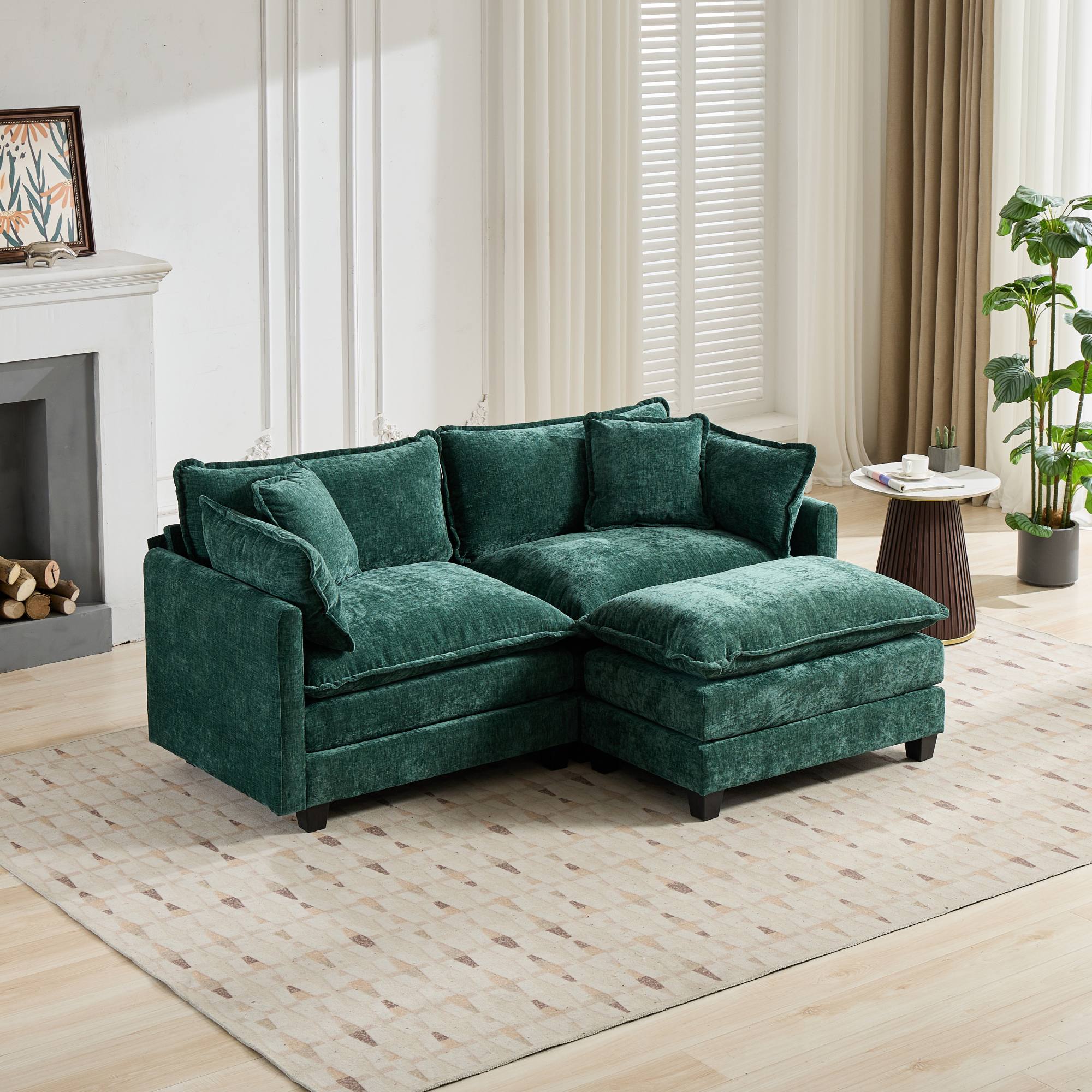Cloud Sofa Ottoman Modern Sectional Couch Double Layer Upholstered Cushion Chenille Green