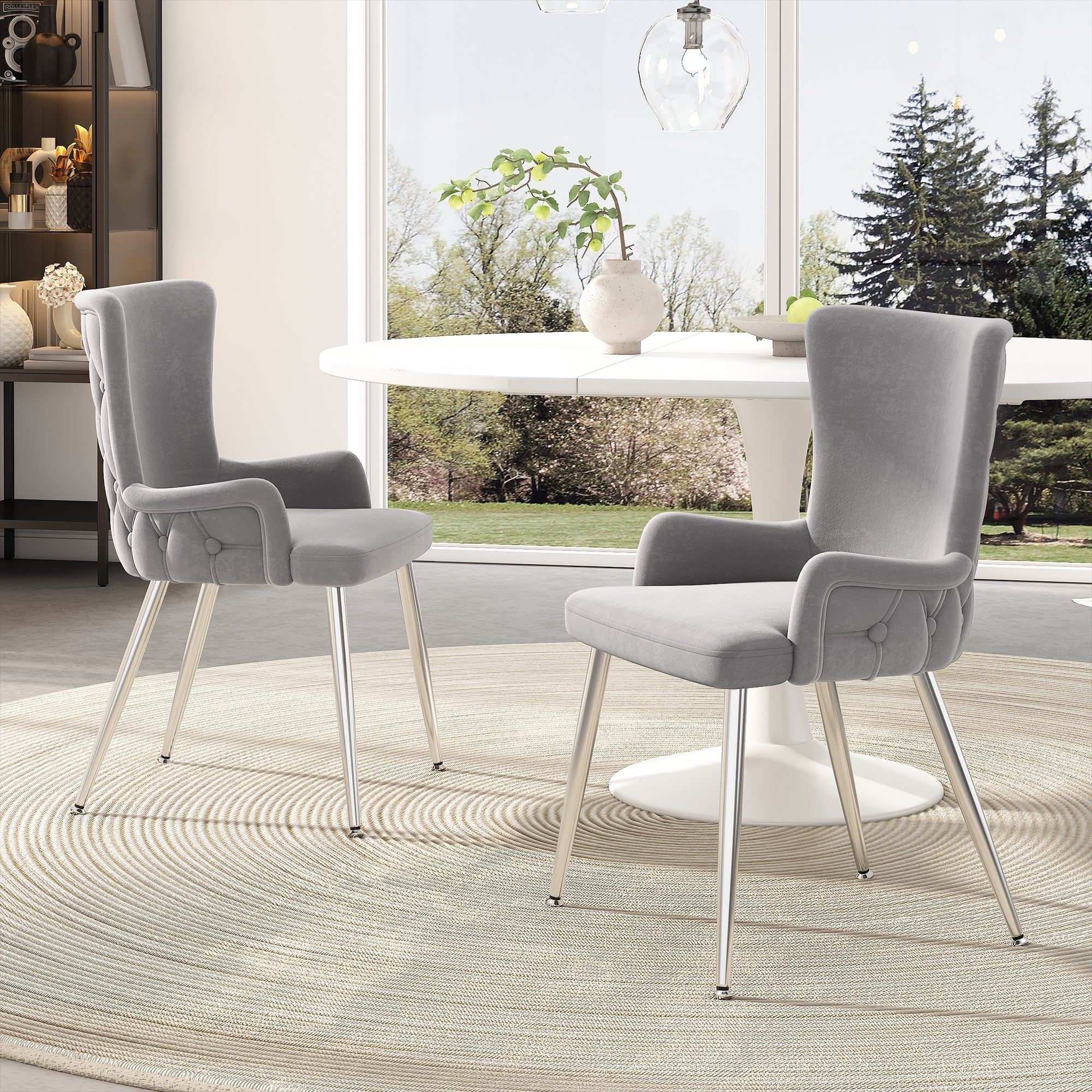 Velvet Dining Chair Set of 6, Luxurious Lounge Chair with Silver Metal Legs, Grey Velvet
