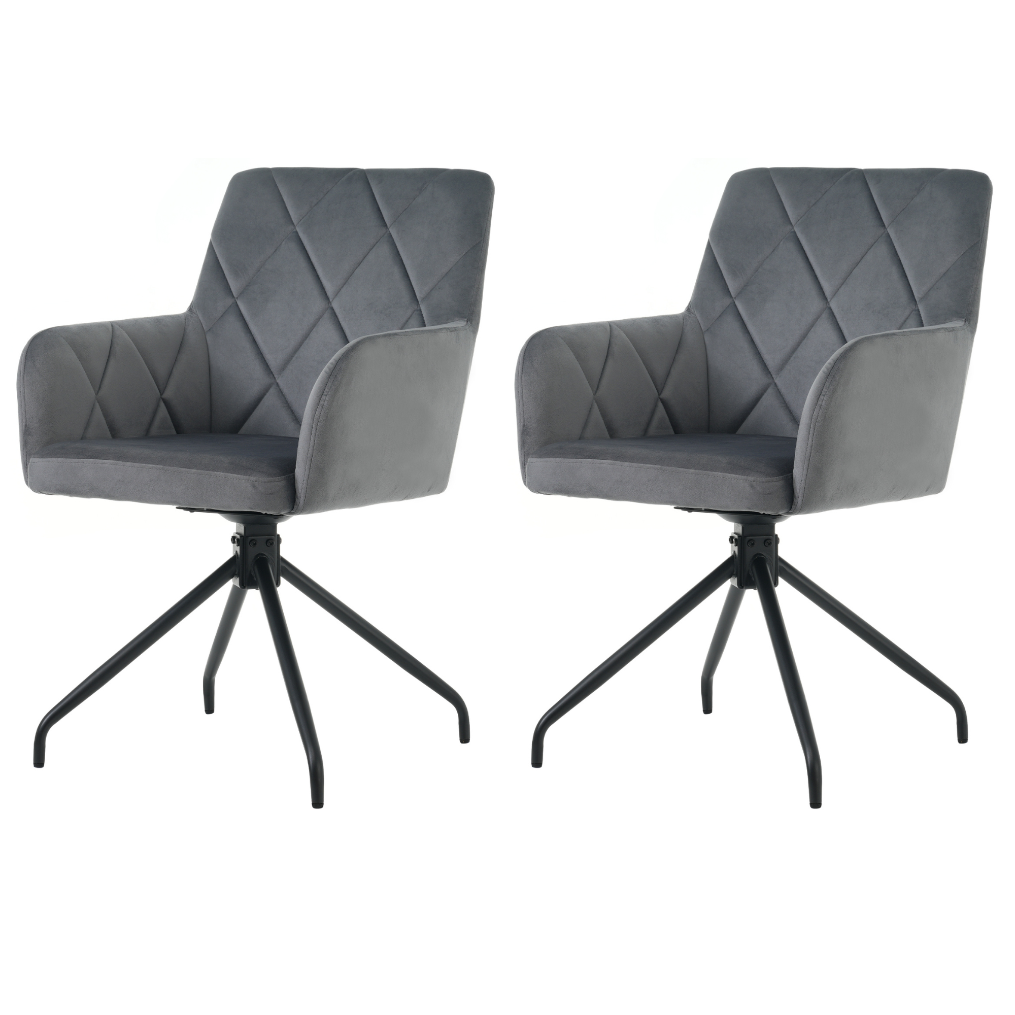 Set of 2 Swivel Dining Chairs Upholstered Diamond Pattern Lumbar Support Anthracite Velvet