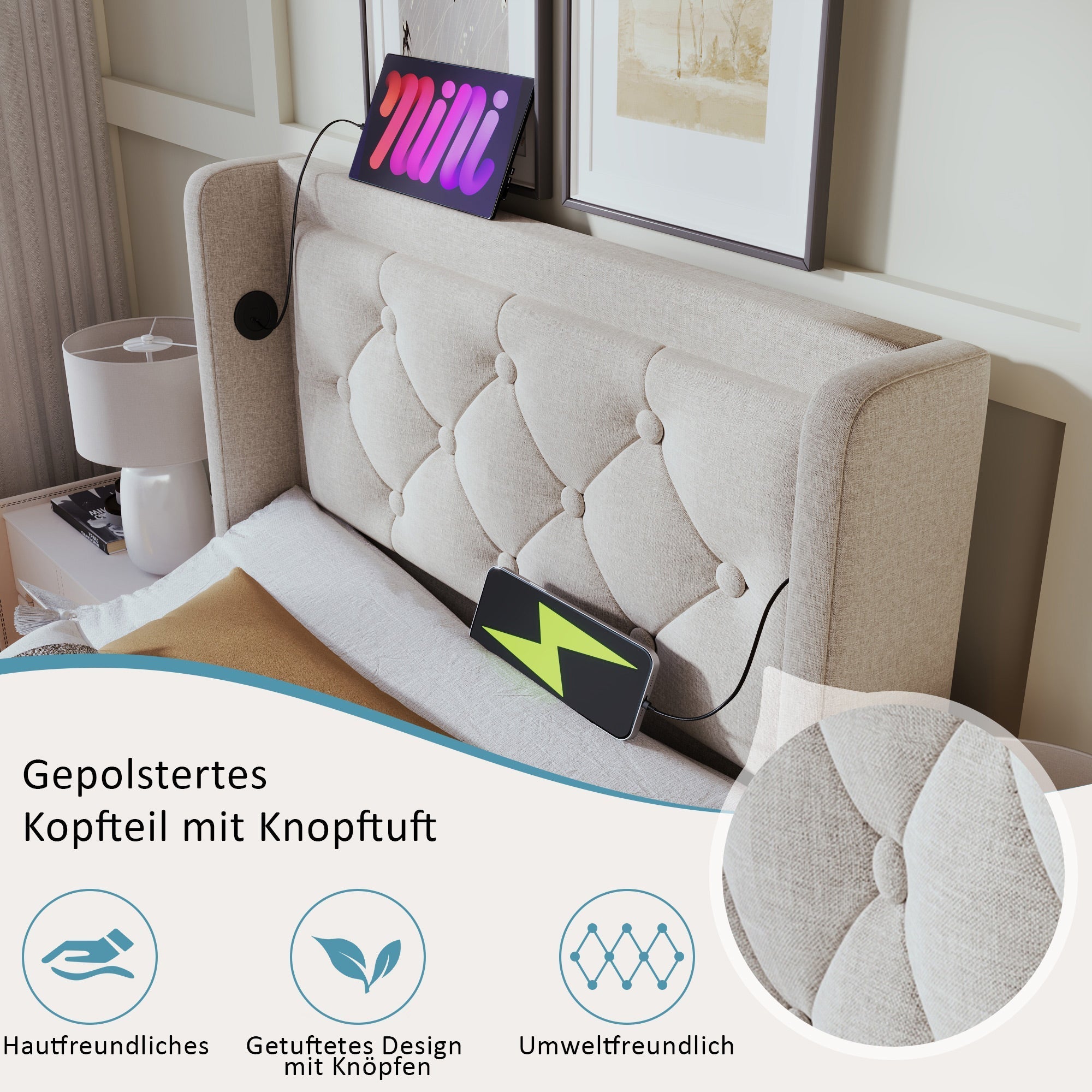 Upholstered Single Bed, Hydraulic Storage with USB & LED, Beige Cotton
