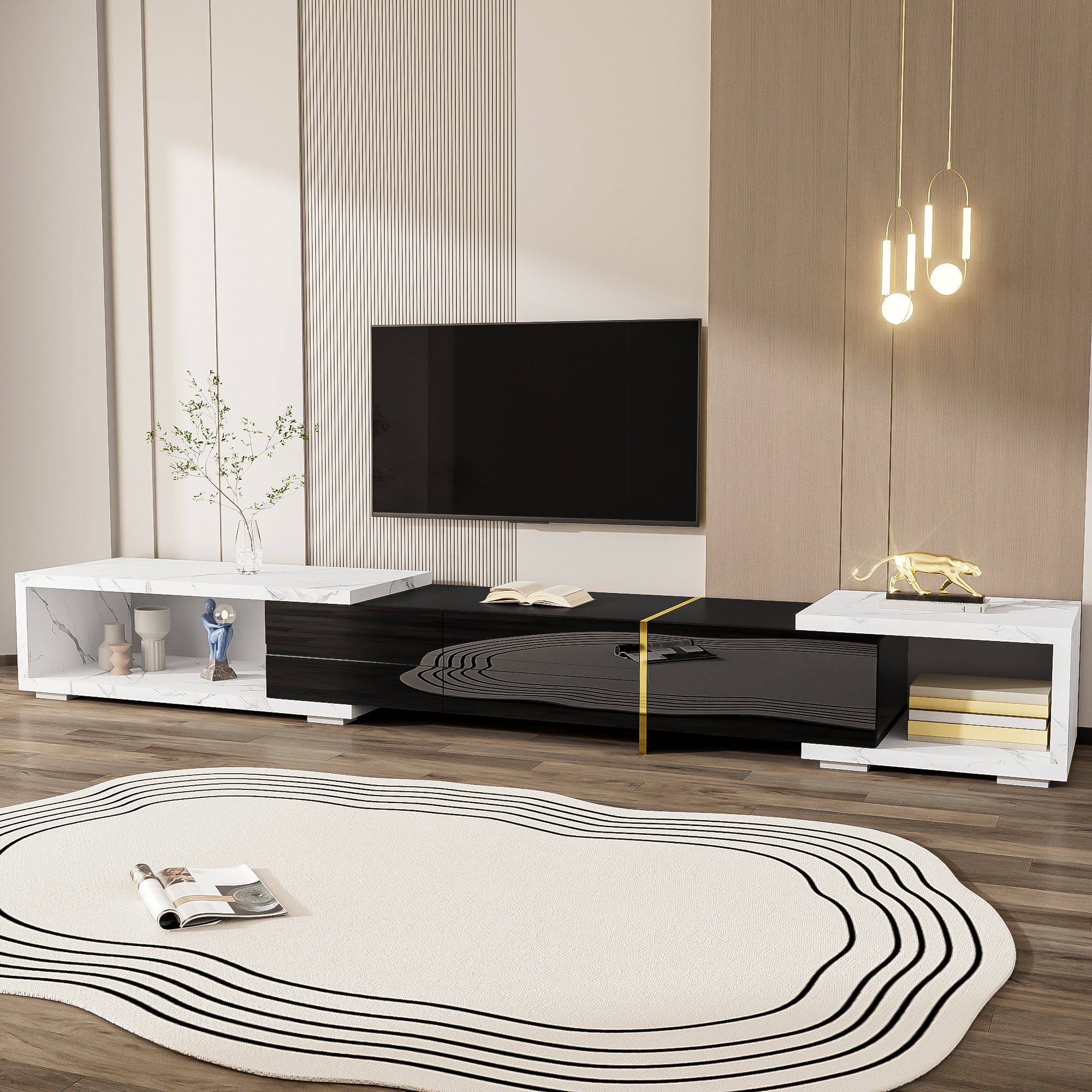 Modern TV Cabinet, Variable Length (140-260 cm) with Rotating Function, White Marble Look & Black High-Gloss Finish