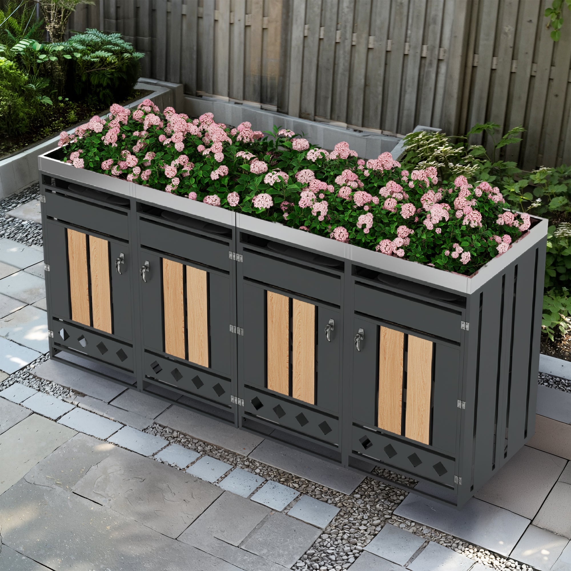 Garbage Can Enclosure with Four Doors, Diamond-Shaped Ventilation and Planting Area, Wood Grain Finish