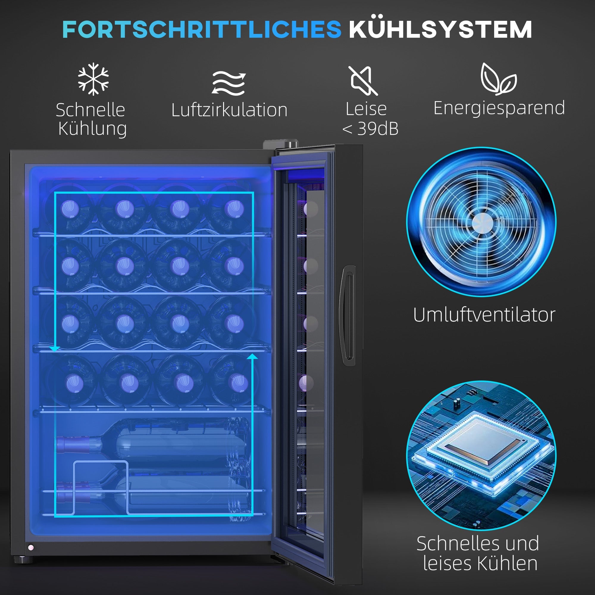 Wine Cooler 20 Bottle 53L 5-18°C Compressor Anti-UV LED Touch Screen, Black