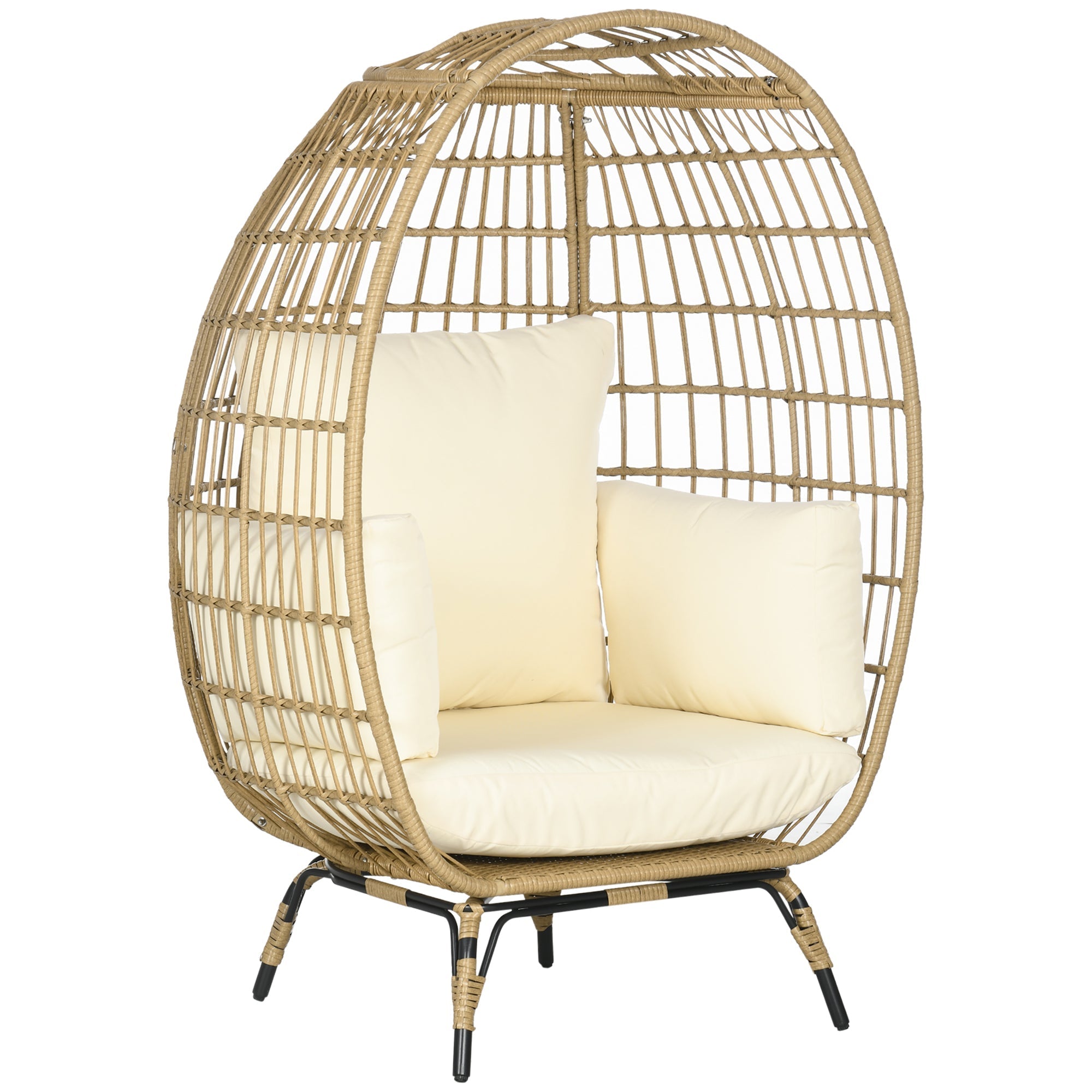 Rattan Chair Basket Shape with Seat Cushion Raised Garden Khaki Metal