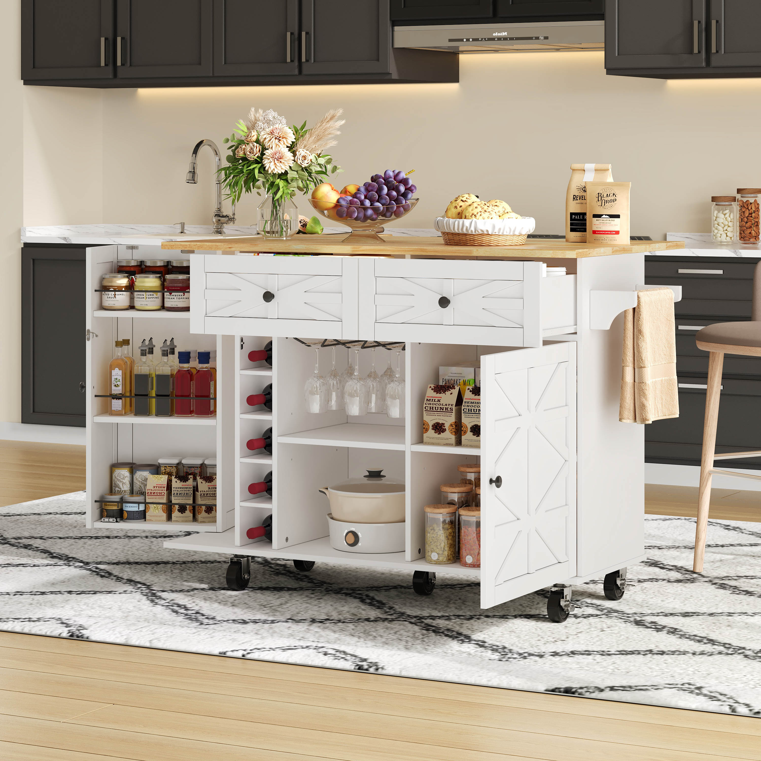 Kitchen Island Fold-Down Worktop Wine Rack Glass Holder 5 Casters - White