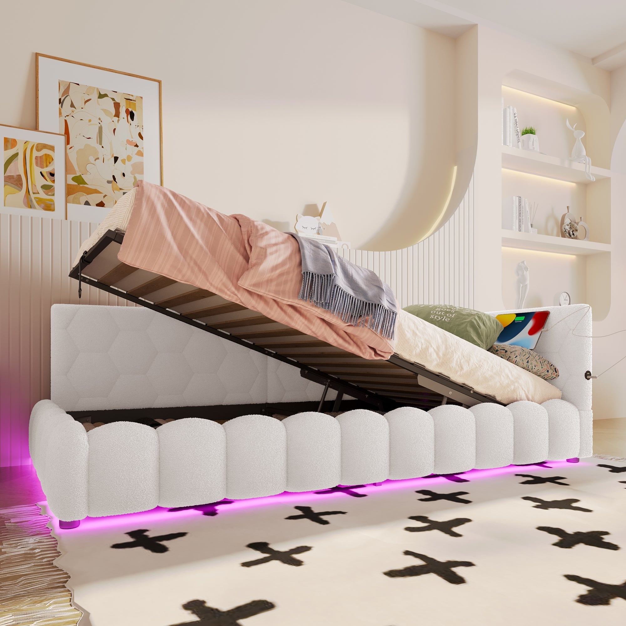 Daybed Sofa Bed 90x200cm Hydraulic Storage LED USB/Type-C - Imitation Fleece White