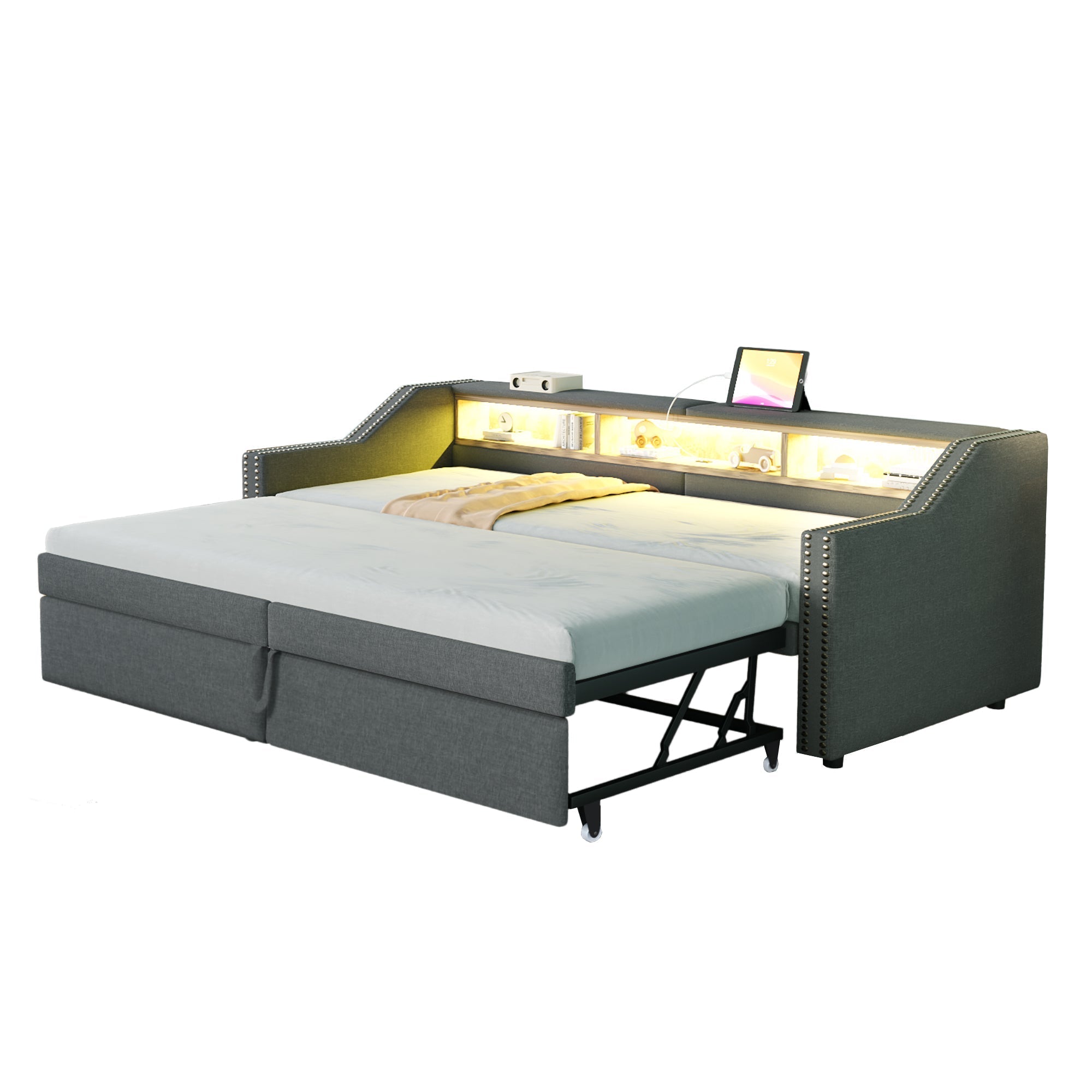 Upholstered Bed, Pull-Out Sofa Bed with Storage, LED Light, USB Port, Slatted Frame, Dark Grey