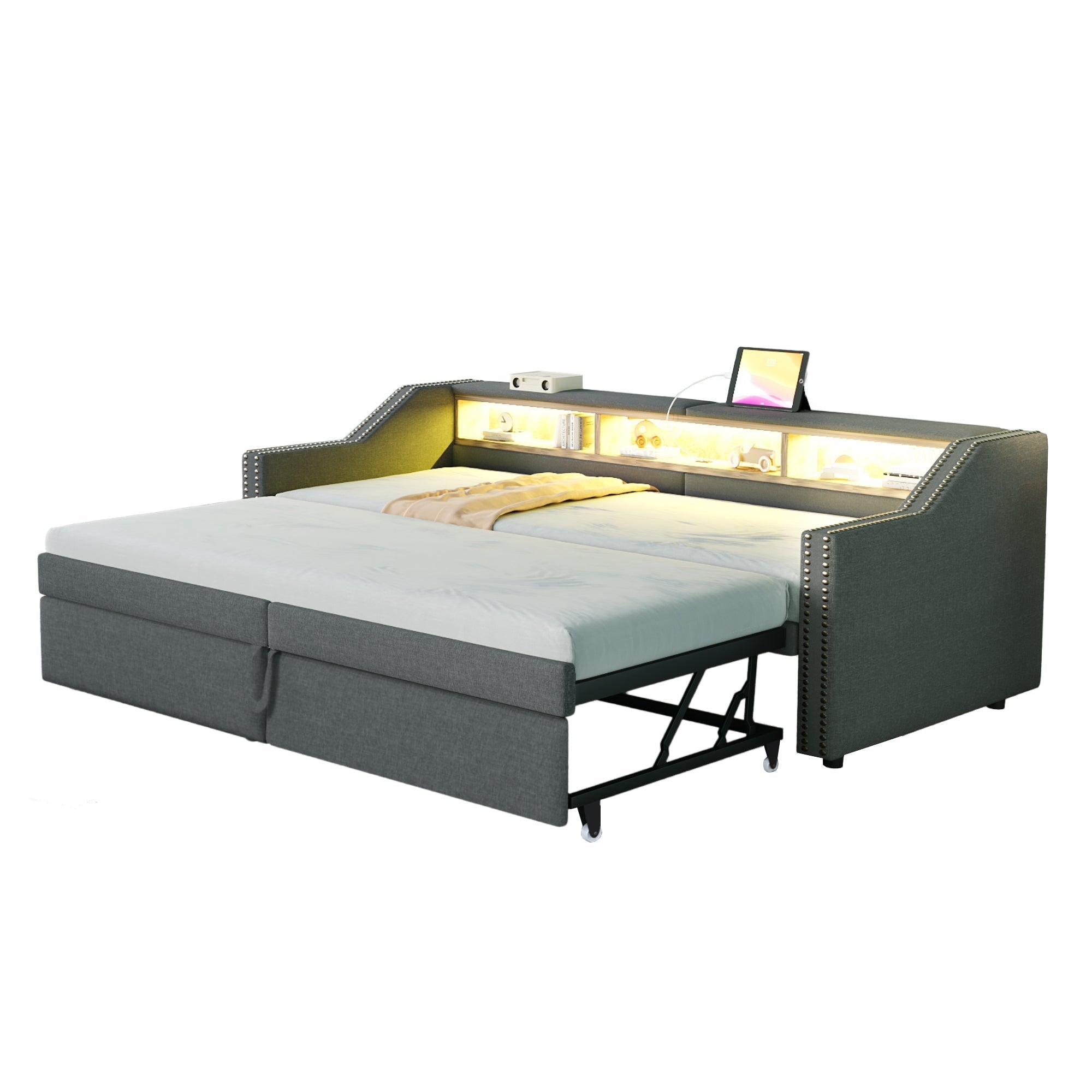 Upholstered Sofa Bed 90/180x200cm Extendable Storage LED USB - Dark Grey