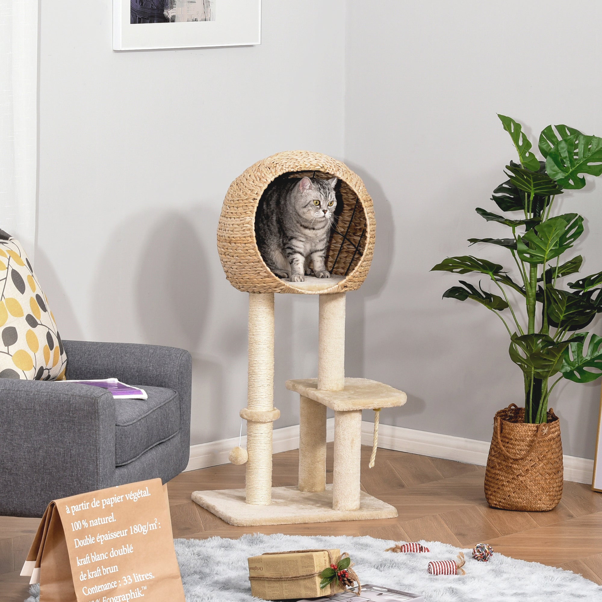 Cat Tree, Cat Cave 100H cm, Sisal Beige