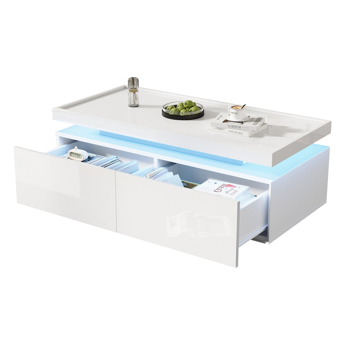 Coffee Table LED High-Gloss with 2 Drawers Geometric Design White