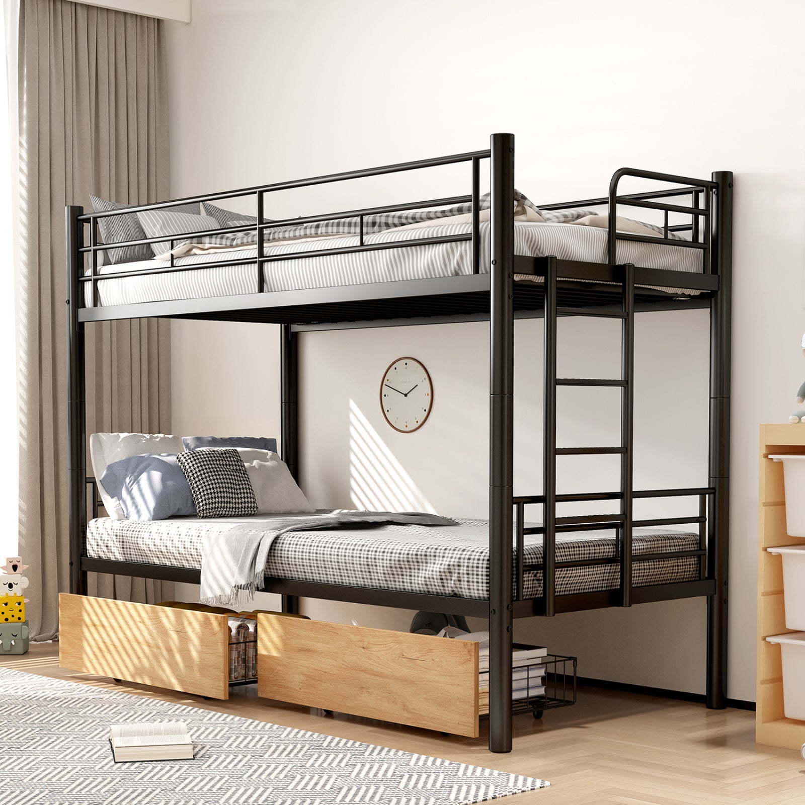 Bunk Bed 90x200cm with Drawers, Convertible to Single Beds, Black Metal