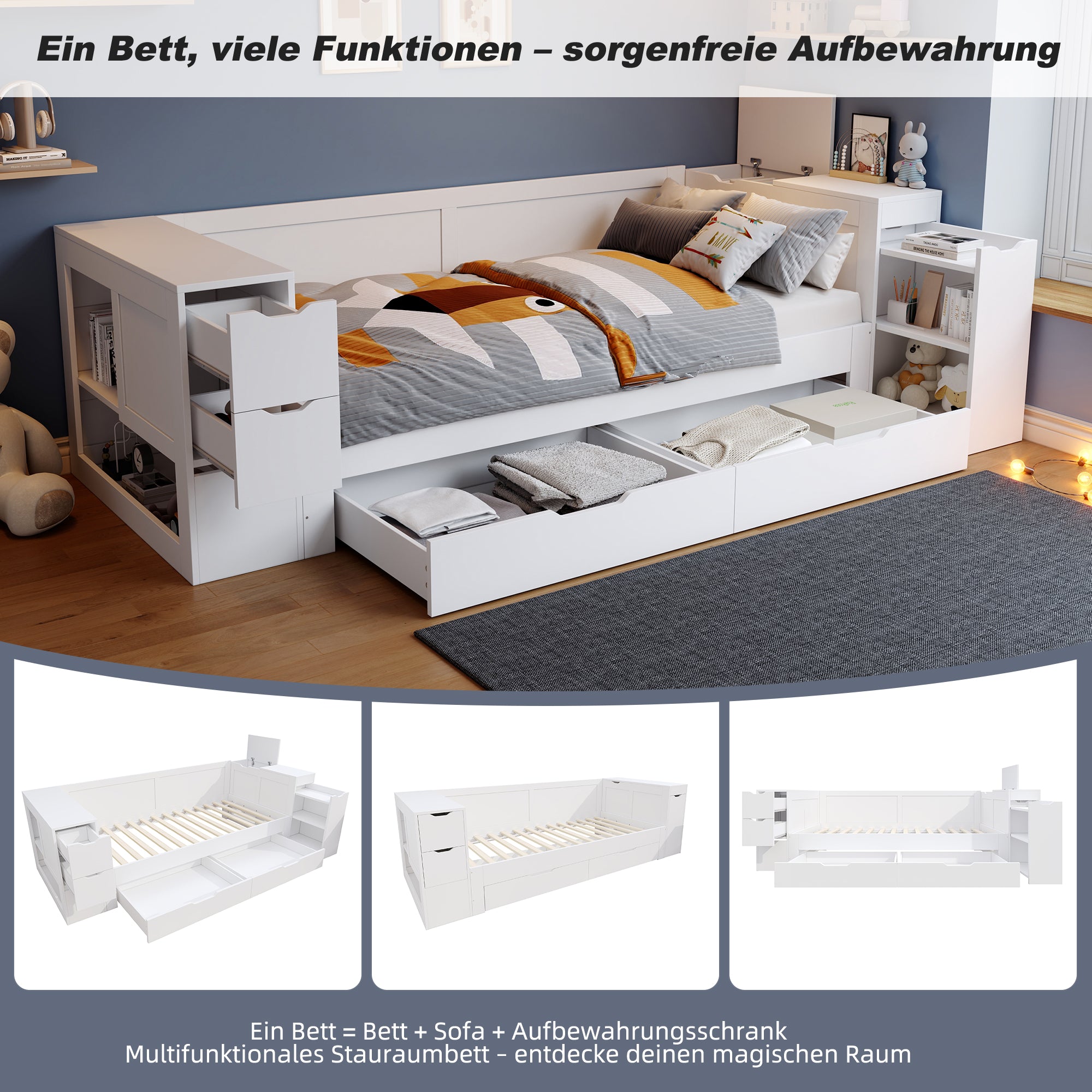 Lit Enfant Simple avec Tiroirs et Rangement, 90x190cm, Blanc