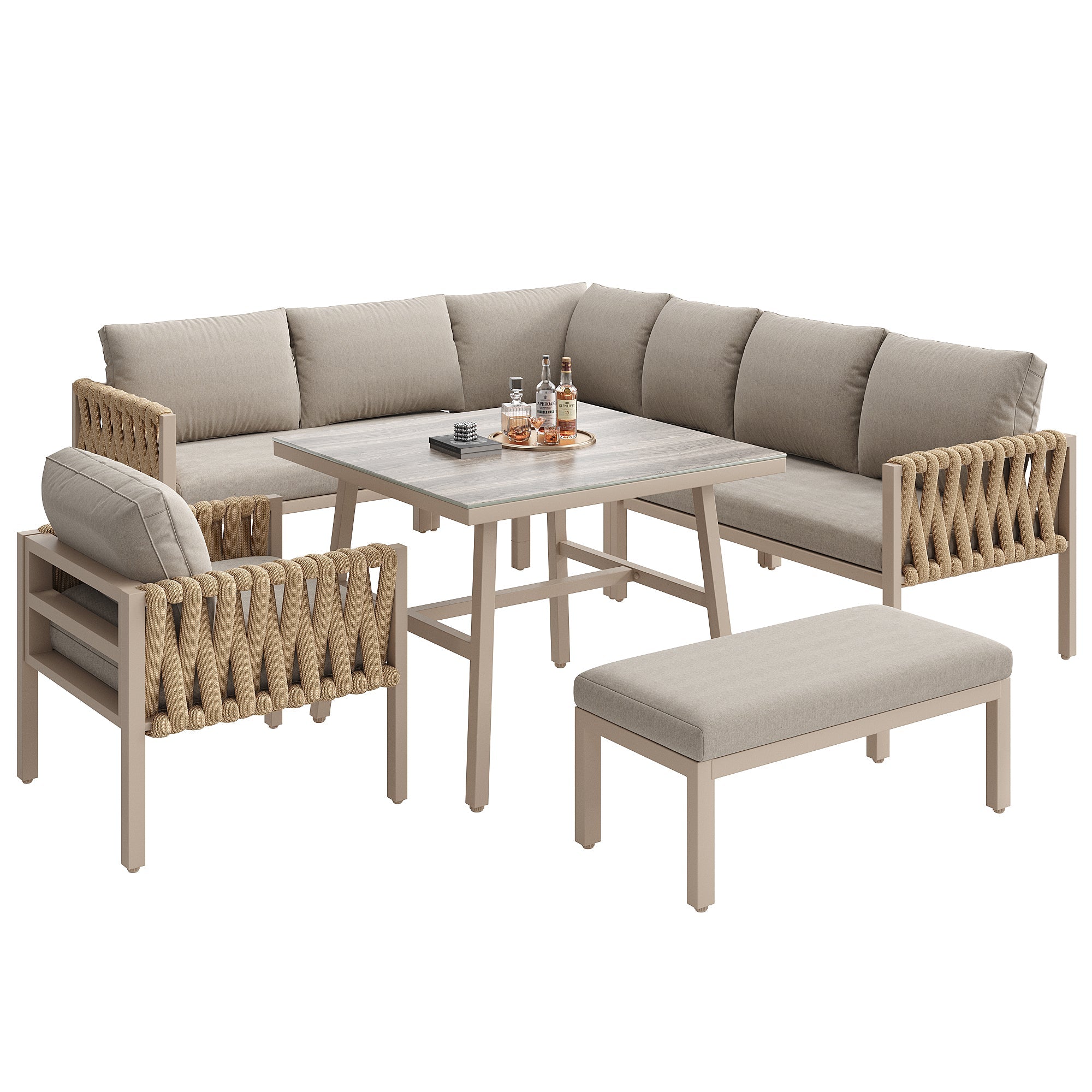 Rope Garden Furniture Set Corner Sofa Adjustable Legs Tempered Glass Beige
