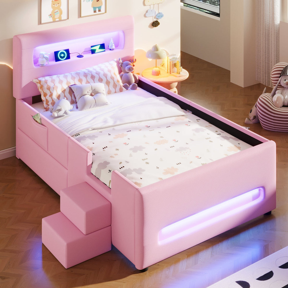 Upholstered Platform Bed 90x200cm Stairs Drawers LED USB Storage Pockets - Pink