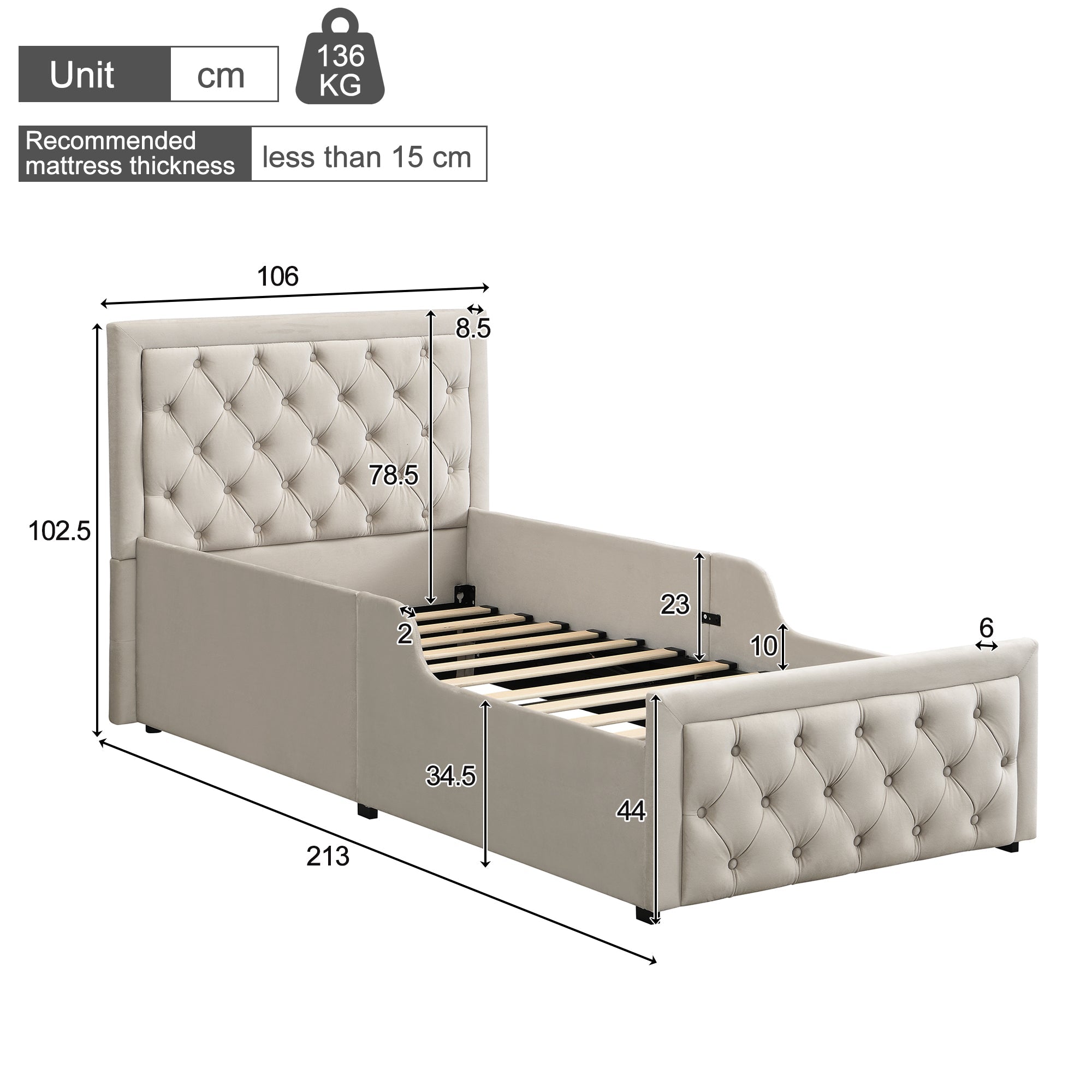 Upholstered Single Bed with Hydraulic Storage and Slatted Base, 90x200cm, Beige Velvet