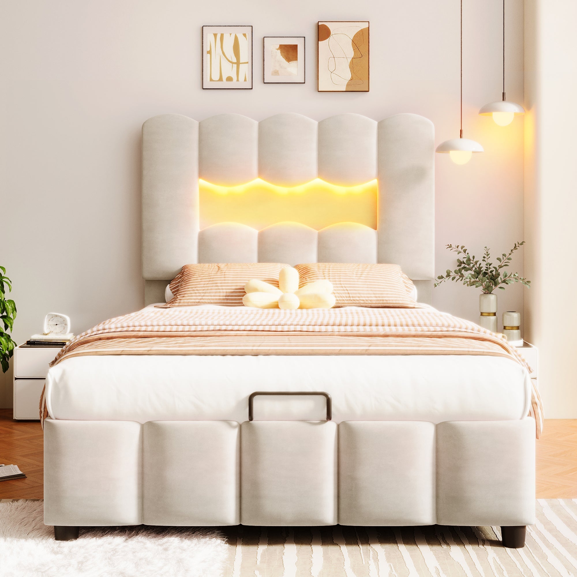 Upholstered Bed 90x200cm Hydraulic LED Adjustable Headboard Beige Velvet