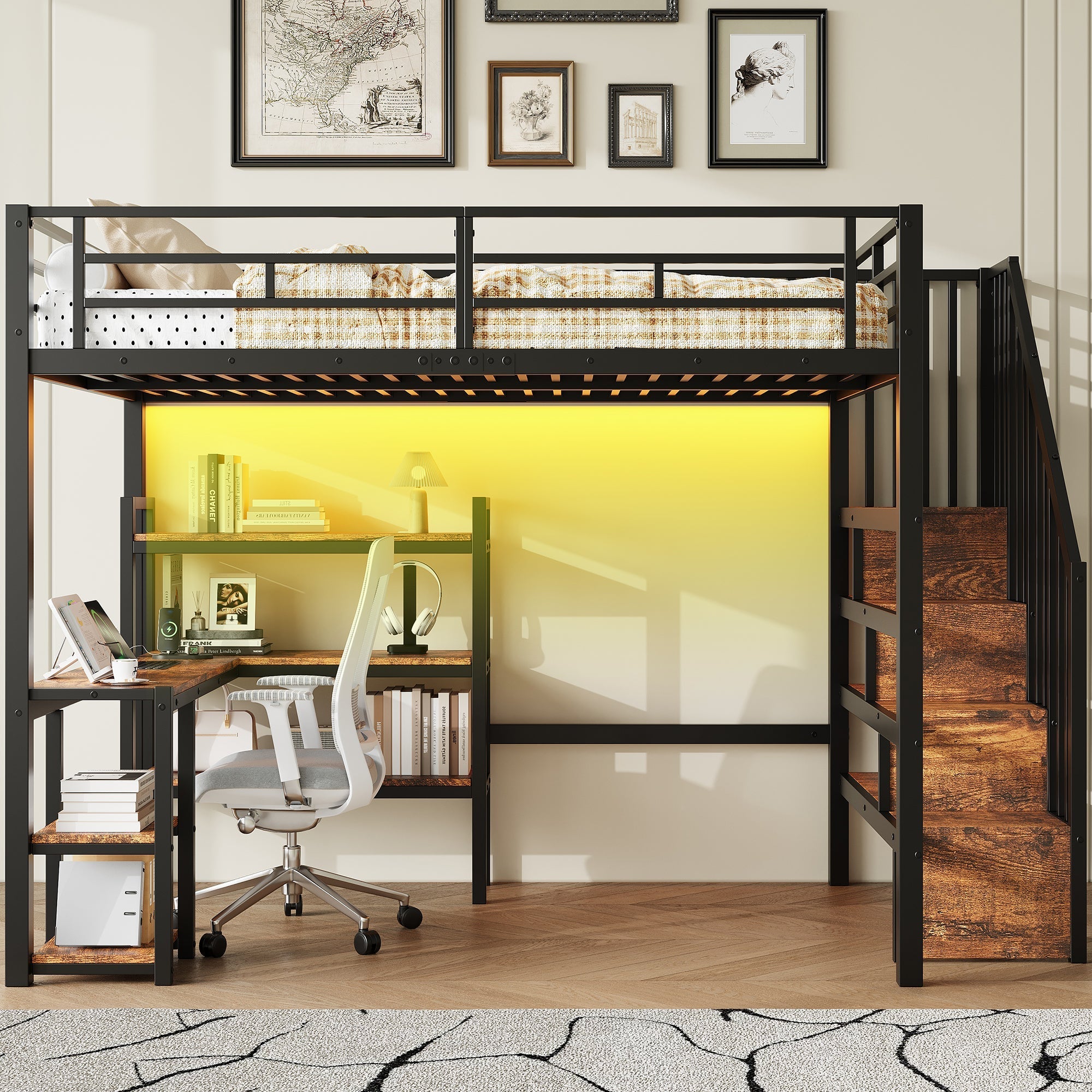 Metal Loft Bed with Desk, Stairs, Storage and LED, 140x200cm, Black