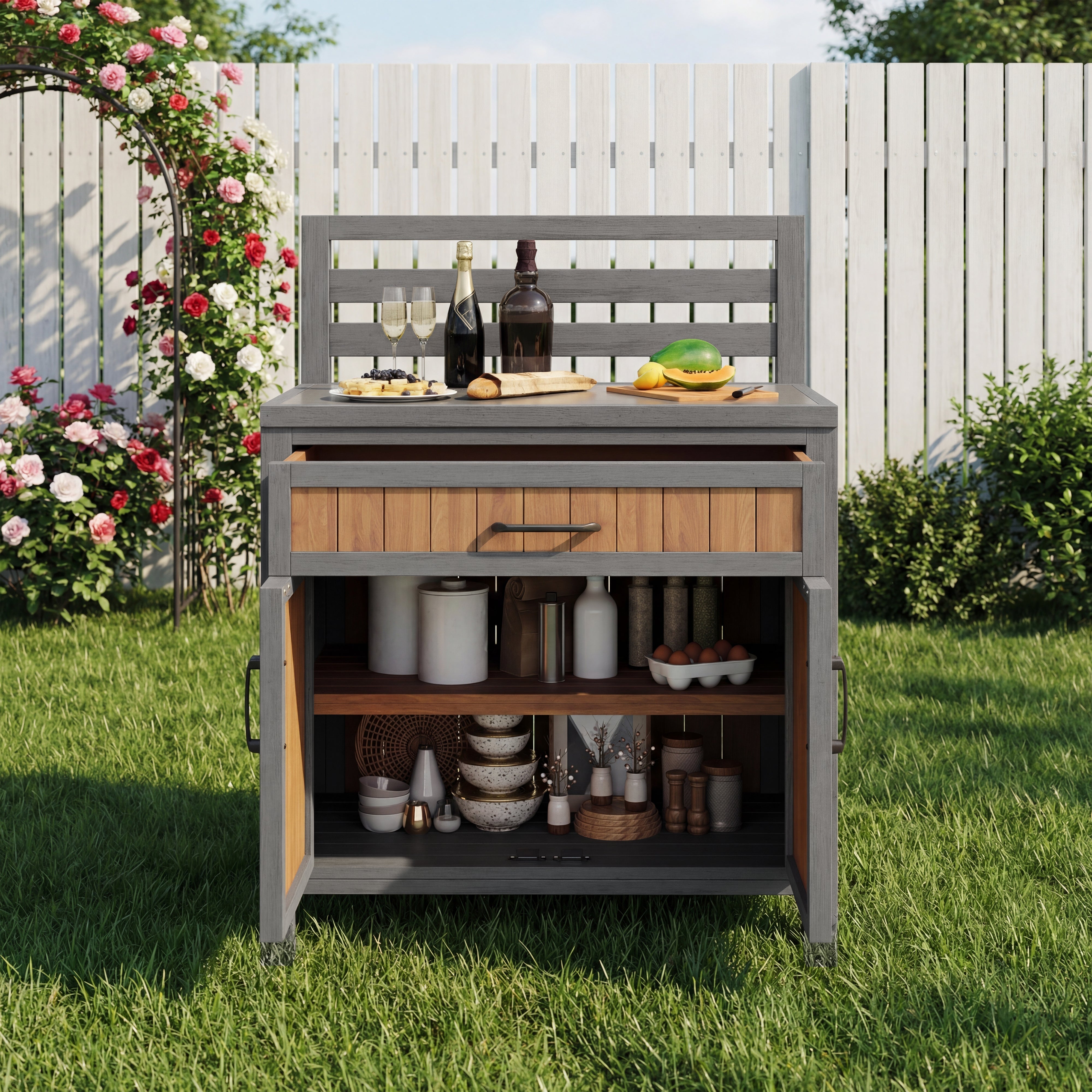 Wooden Garden Cabinet with Work Surface and Adjustable Shelves, Weatherproof Wood