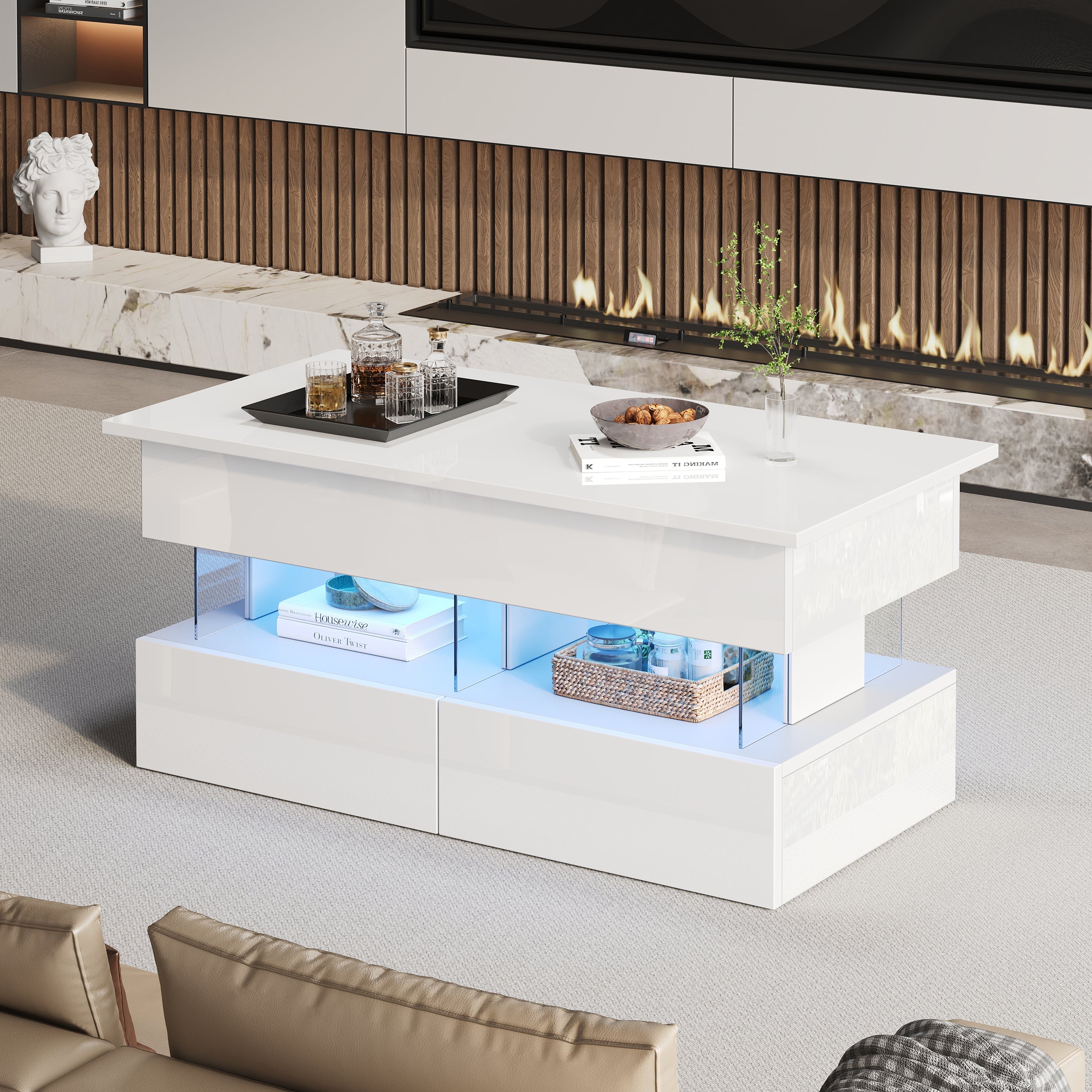 Liftable Coffee Table, Height-Adjustable Hidden Storage LED 2 Drawers, White MDF/Acrylic