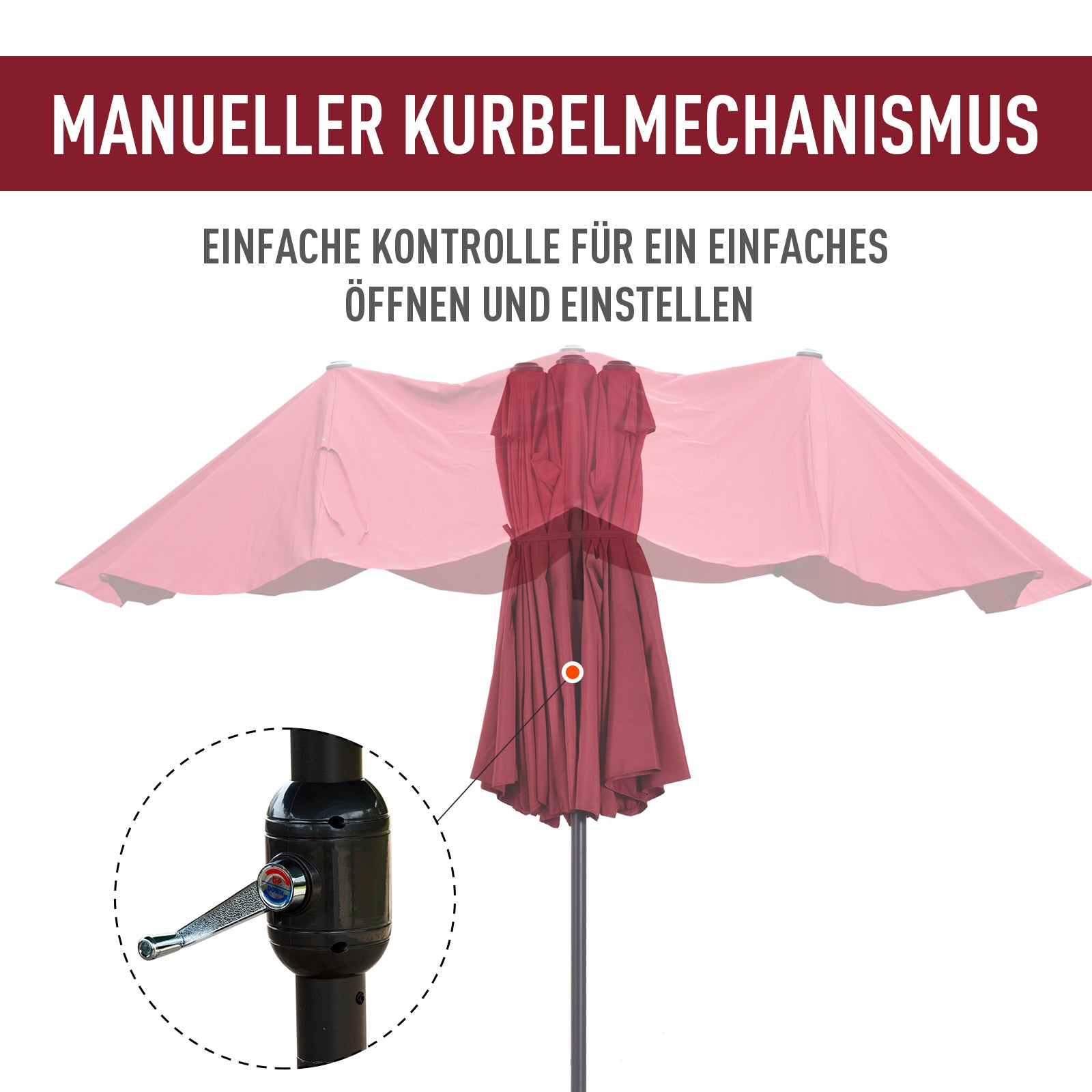Parasol Garden Umbrella Double Patio 455 x 270 cm Hand Crank Oval, Wine Red