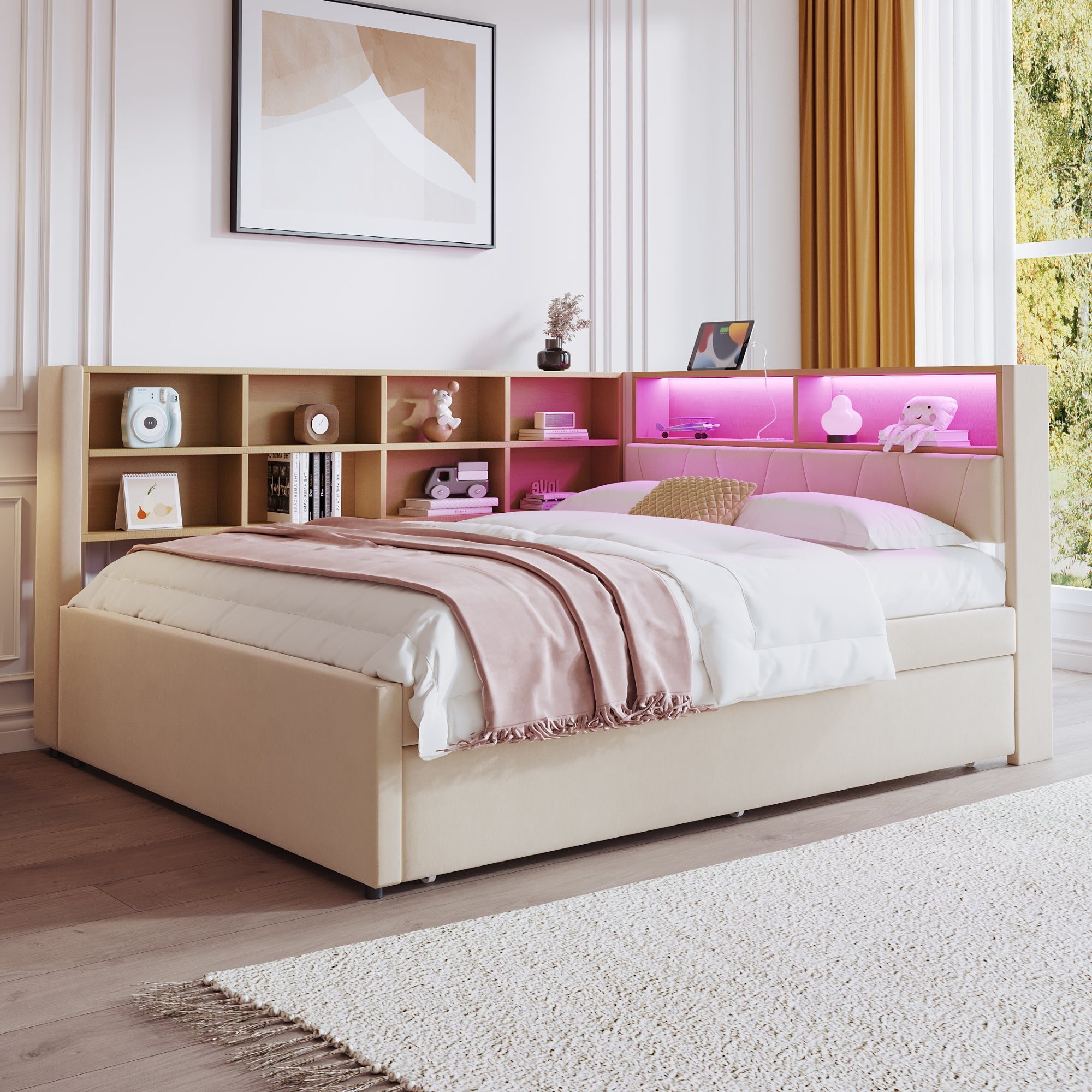 Sofa Bed 140x200, Pull-out 90x190, LED Lights & Storage, Flannel Beige