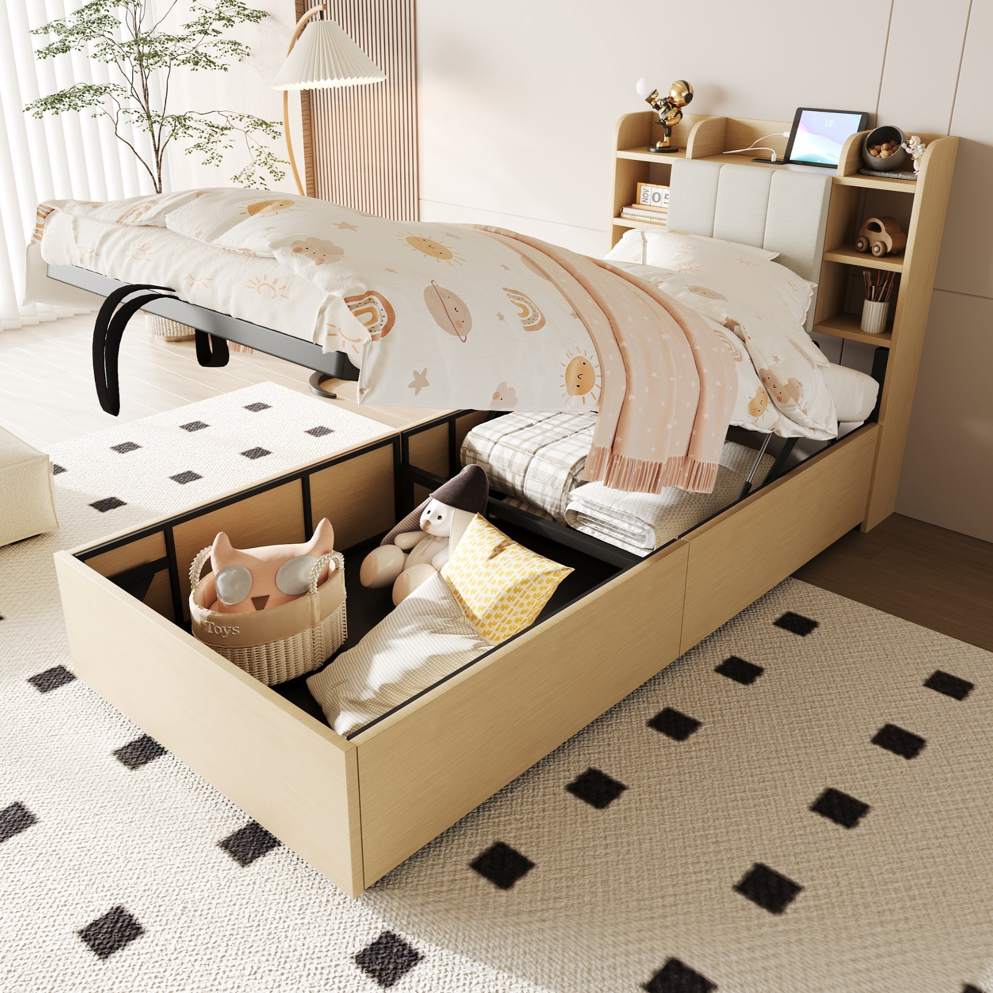 Wooden Bed, 90x200cm Hydraulic with Storage Headboard & USB/Type-C Socket, Wood Color