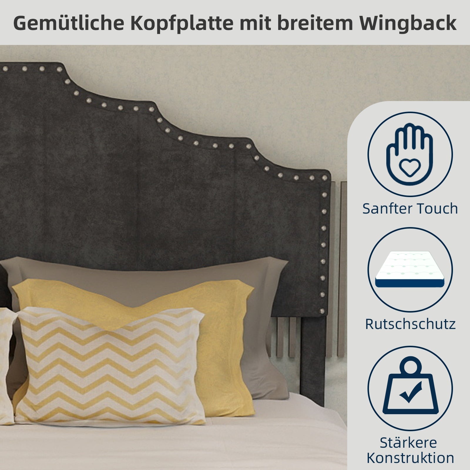 Soft Bed 140x200cm Modern Minimalist Comfortable Headboard Low Box Frame Gray