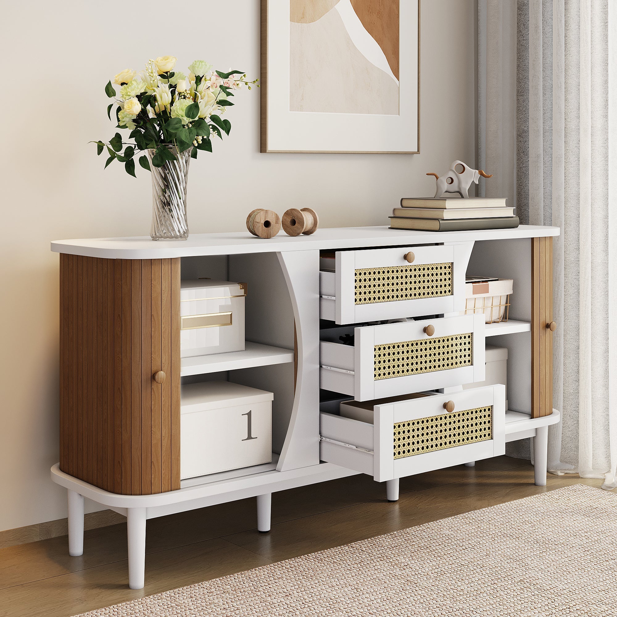 Sideboard Rattan Sliding Doors Adjustable Shelves - Curved Top