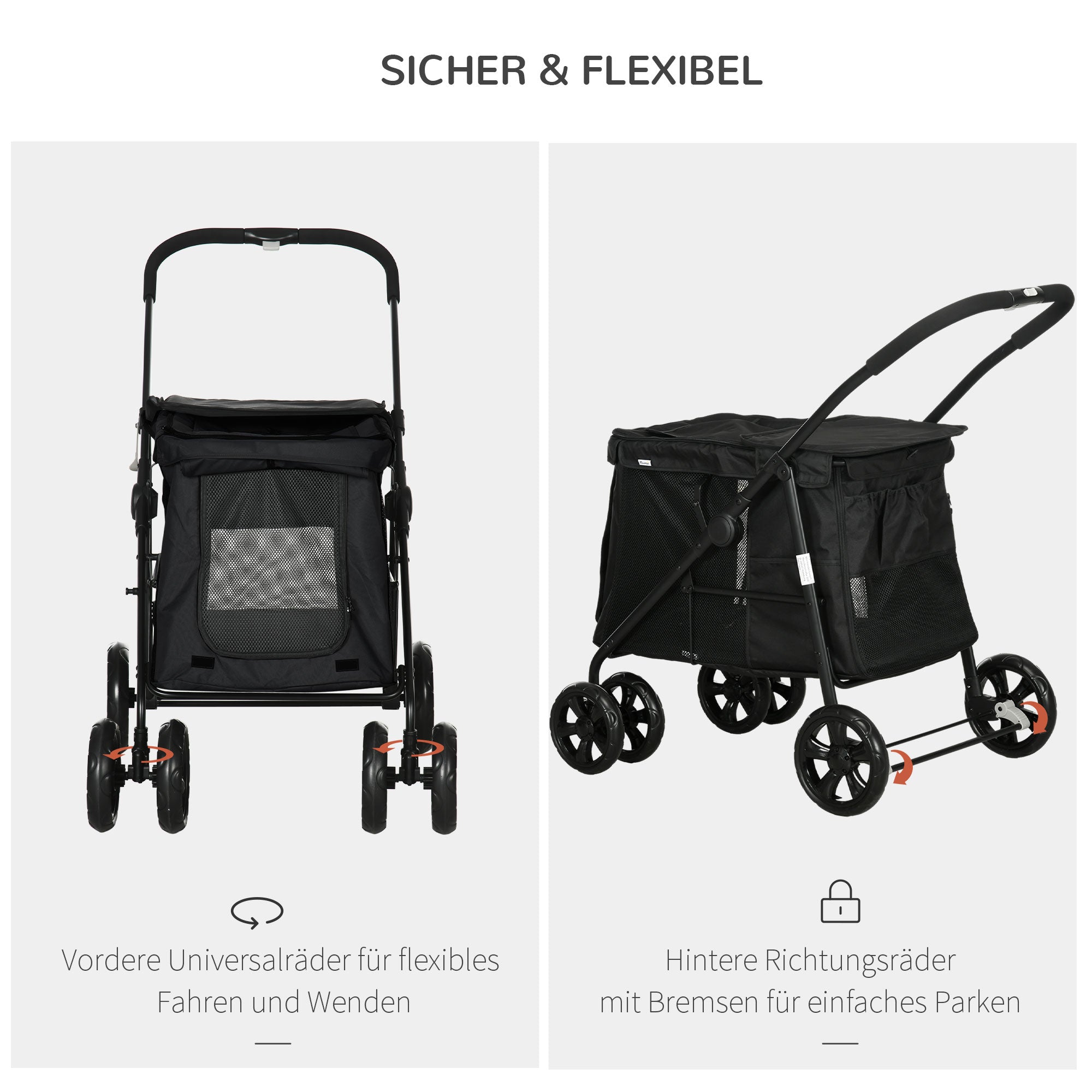 Hundebuggy, faltbarer Kinderwagen mit Netzfenster, Oxford-Gewebe Schwarz
