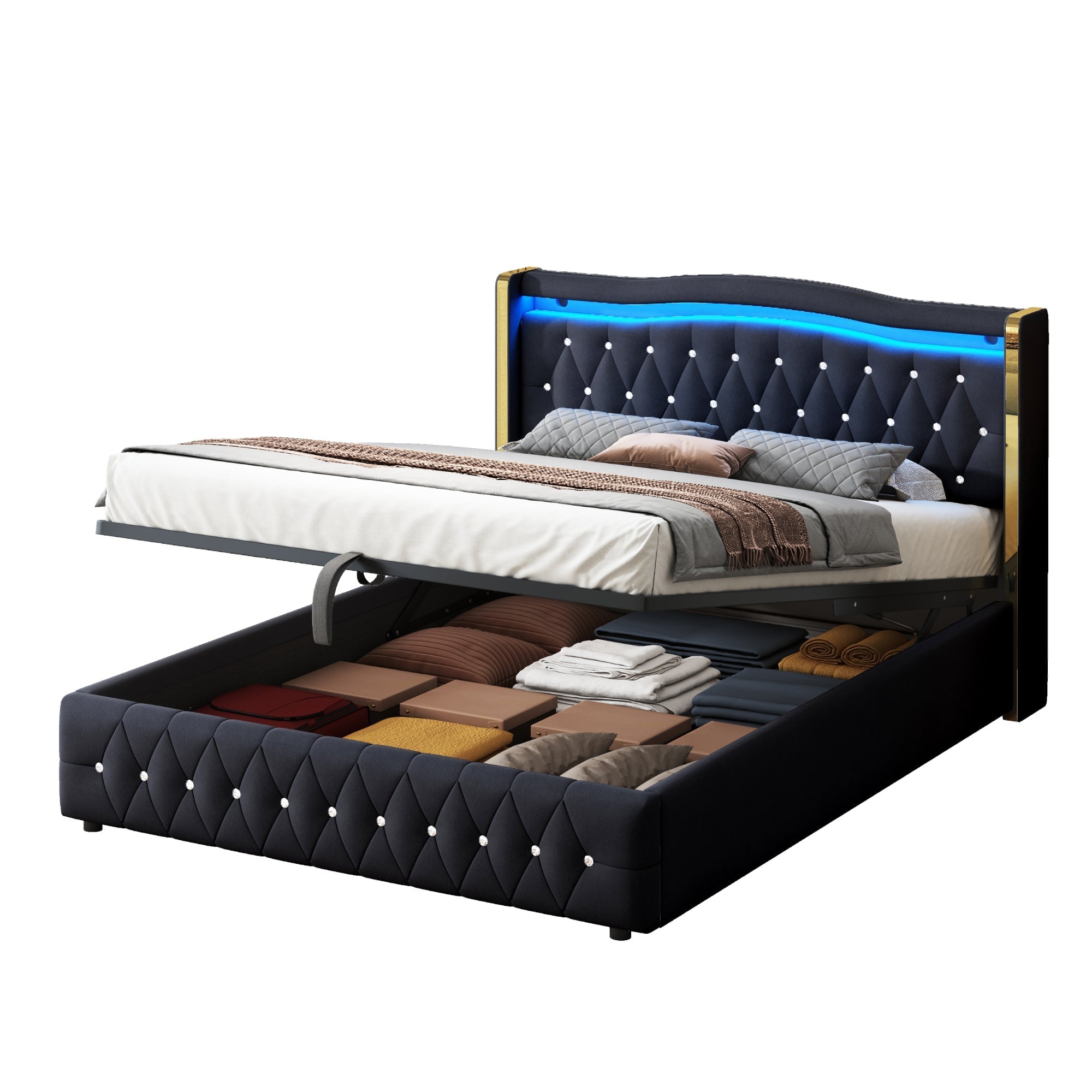 Upholstered Double Bed with LED Lights and Hydraulic Storage, Velvet