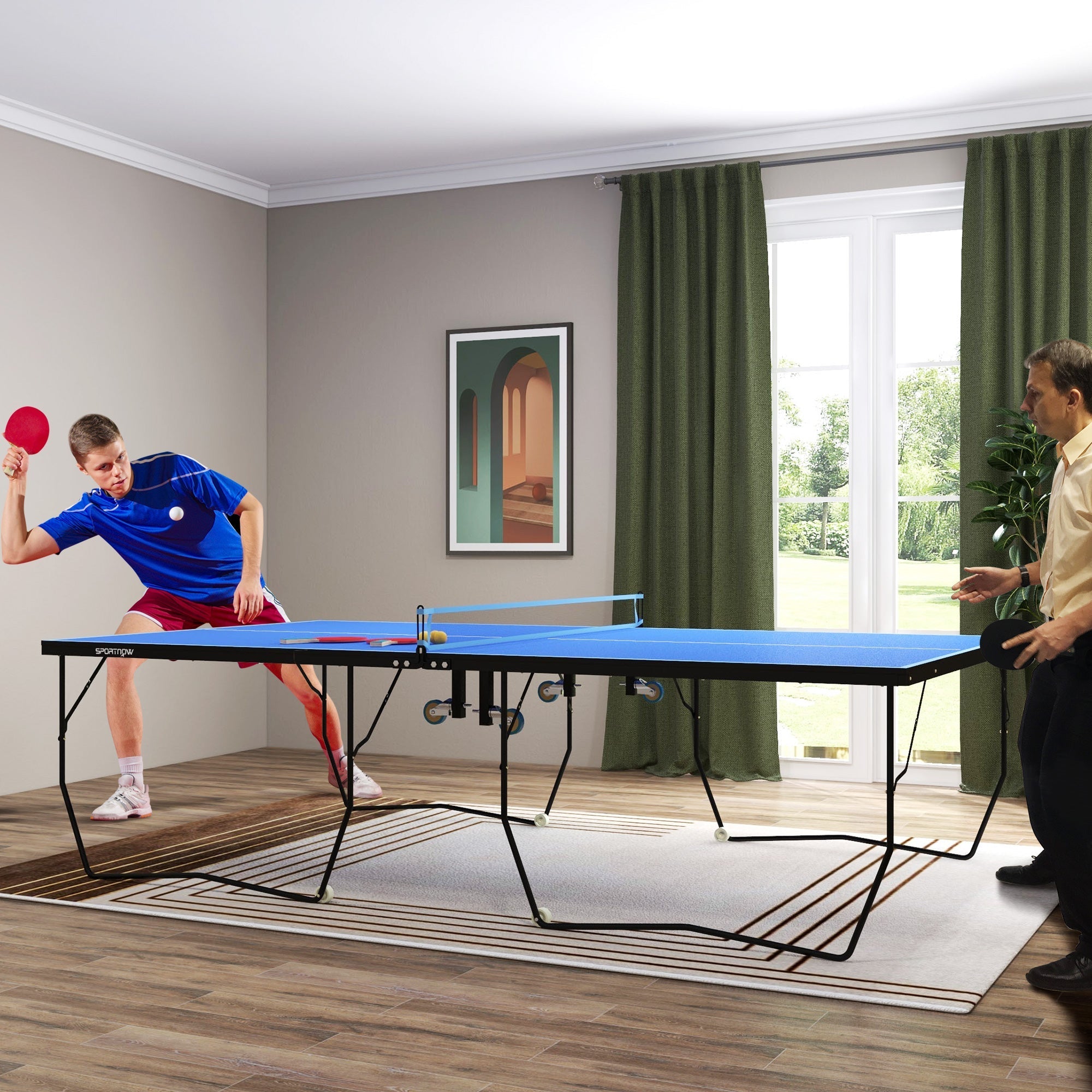 Tischtennisplatte, klappbar mit Netz, Rollen, Stahl, Blau