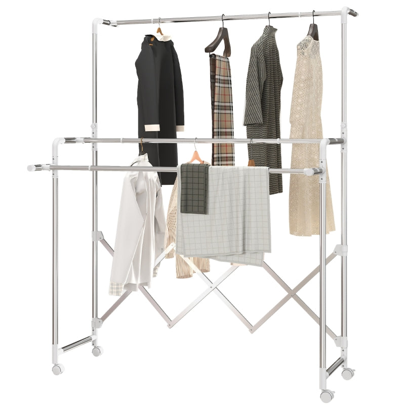 Tower Clothes Drying Rack Foldable 3 Adjustable Rods Wheels - Stainless Steel
