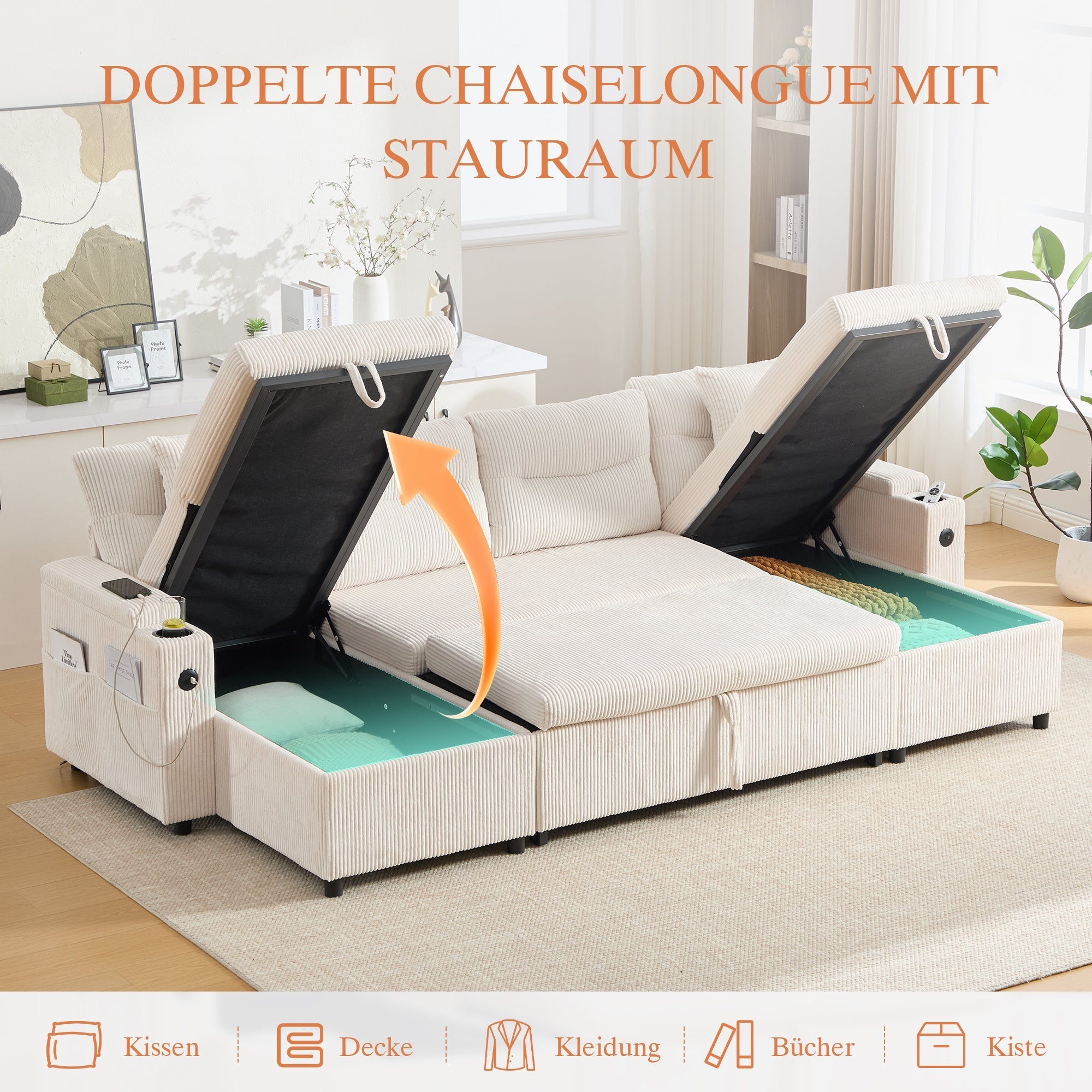 Modern 4-Seater Sofa with Double Chaise, Pull-out Bed, Storage and USB Ports, Beige Velvet