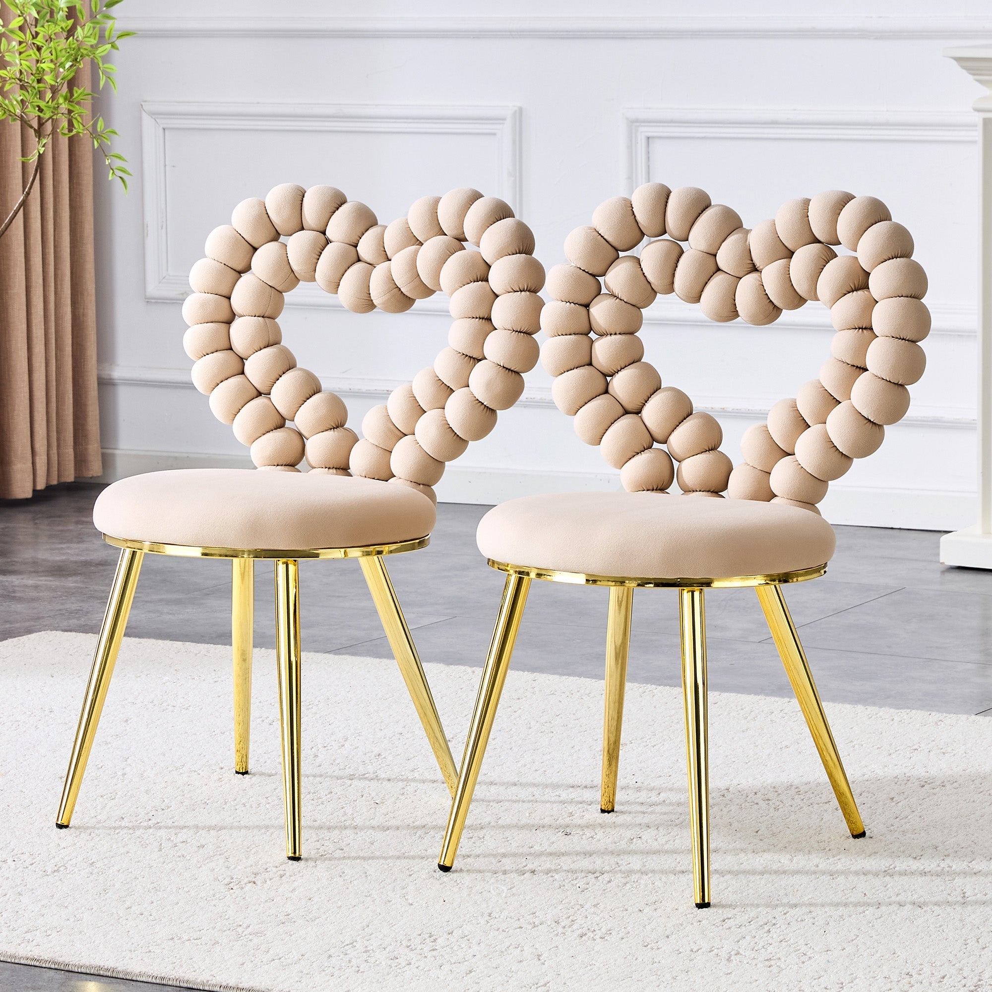 Dining Chairs (Set of 2) Heart Cutout Backrest Gold Metal Legs - Light Beige Velvet
