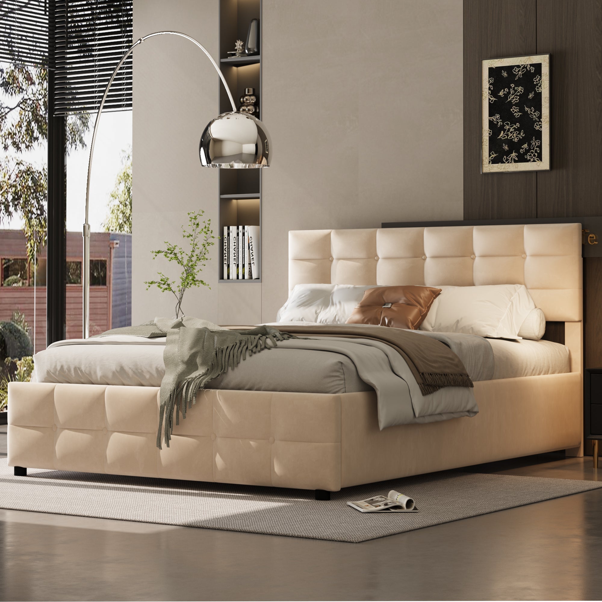 Upholstered Bed 180x200cm Slatted Frame Hydraulic Single Bed, Dutch Velvet Beige