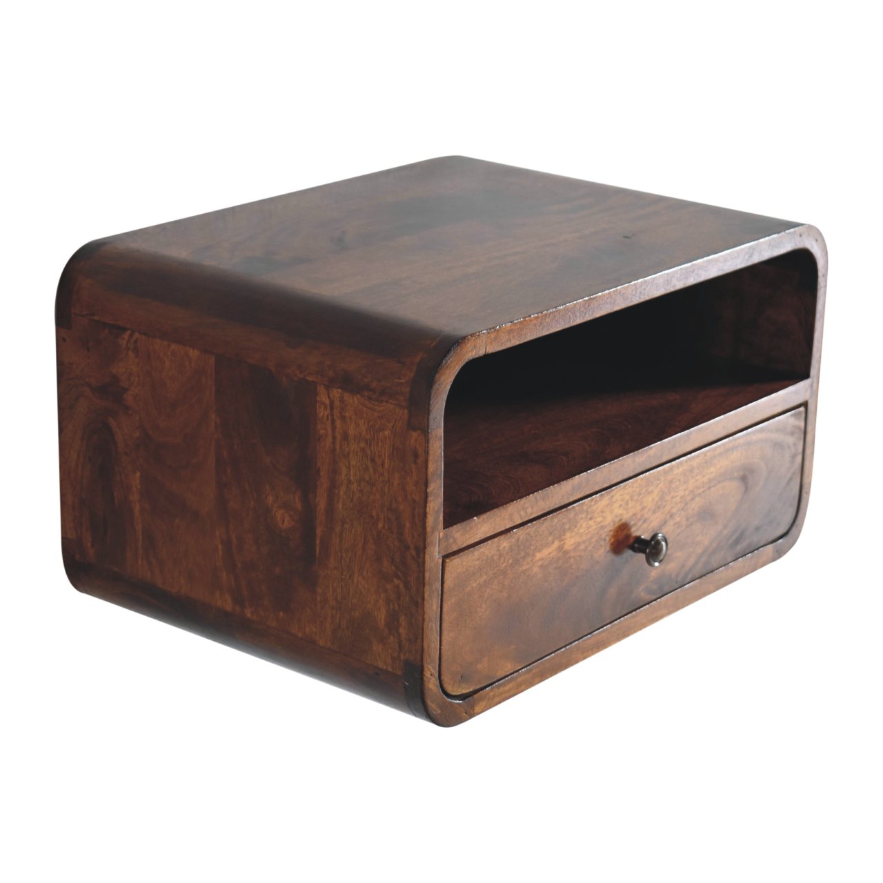 Solid Wood Floating Bedside, Large Curve 1 Drawer Open Slot, Dark Brown