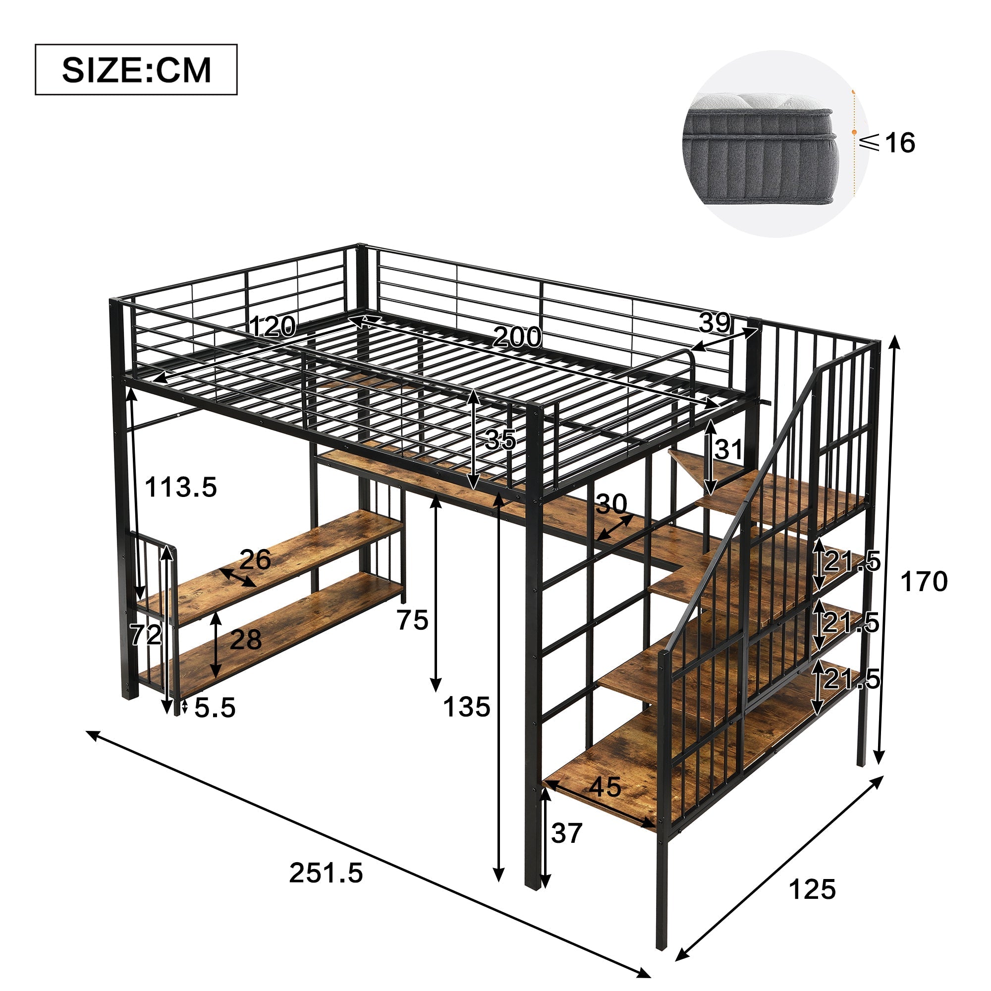 Iron Bed, Loft with Side Ladder & Charging Port, Black Iron + MDF