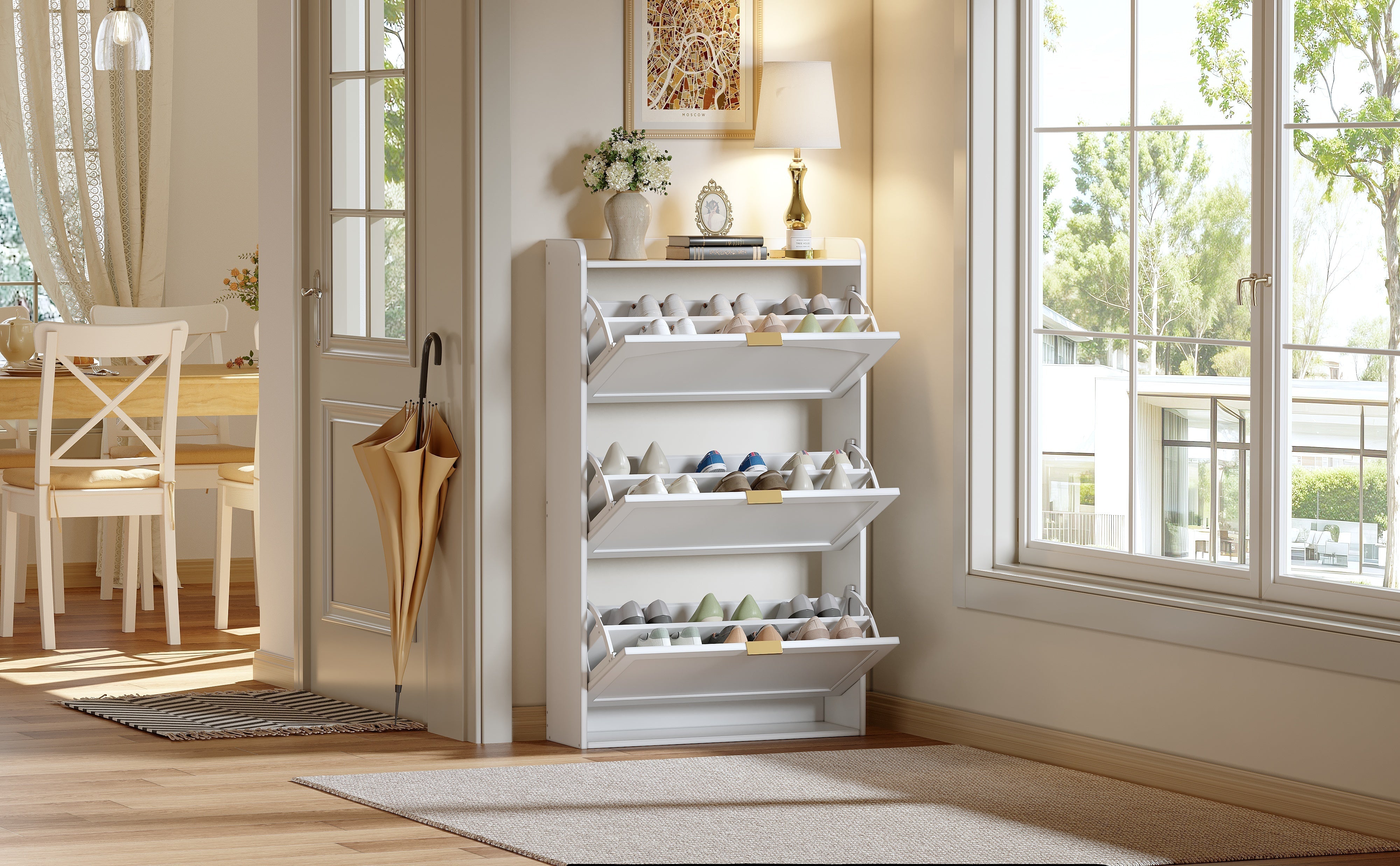 Narrow Shoe Cabinet 3 Flaps 76x23x118cm - White