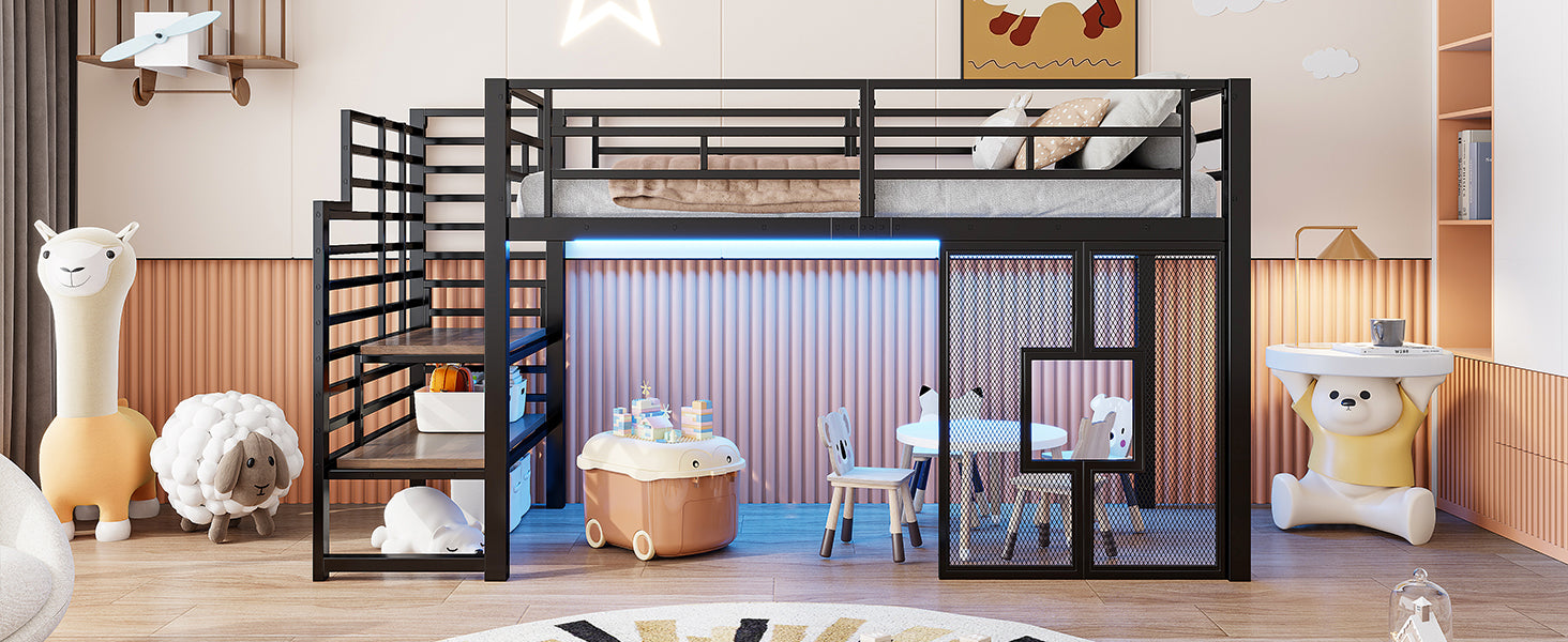 Metal Loft Bed with Stairs, Storage, LED Lighting and Windows, 90x200 cm, Black