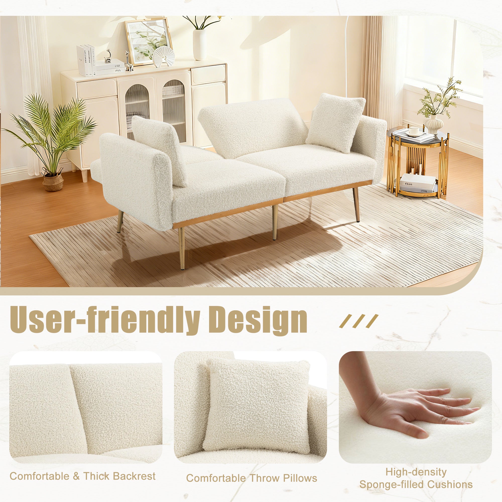 GOMYWAY Modern 2-Seater Sofa 3-Speed Adjustable Backrest Gold Metal Legs White Teddy